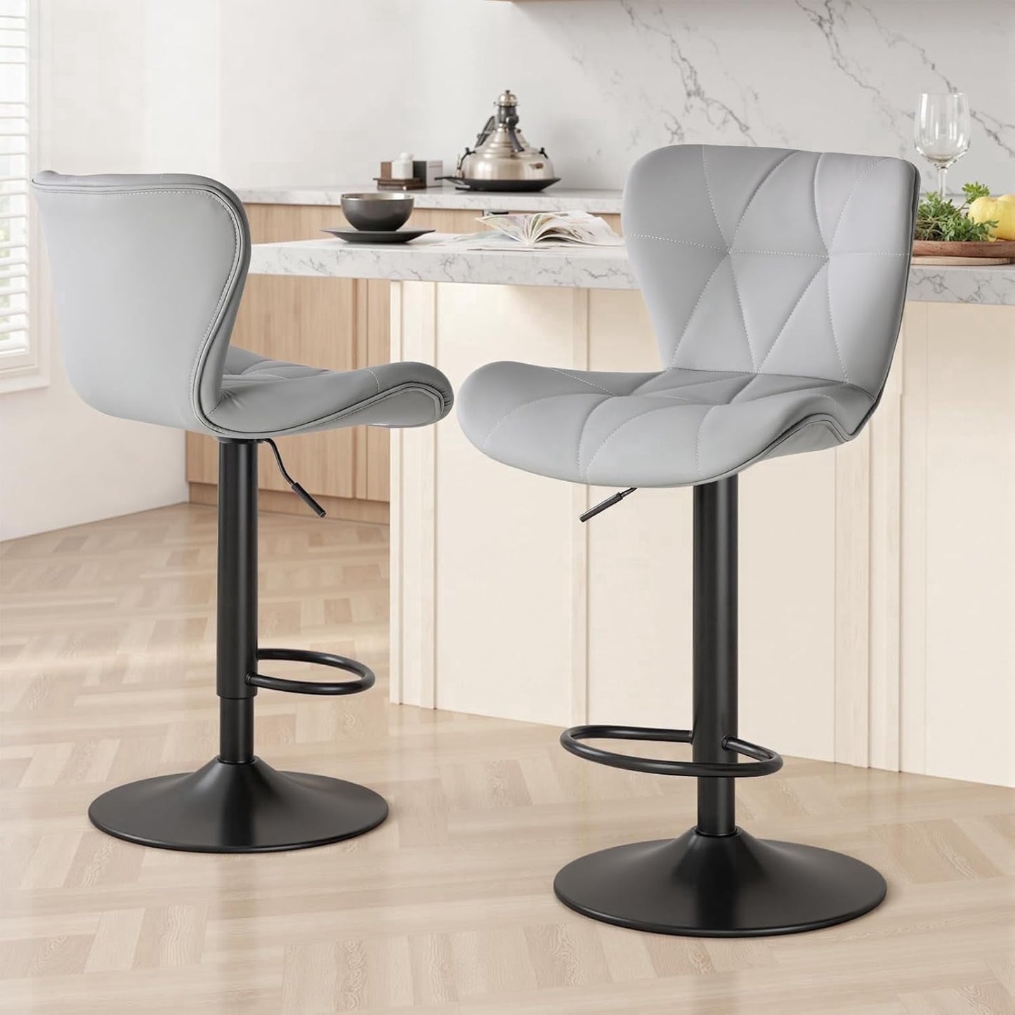 CONCETTA Swivel Bar Stools Set of 2 with Adjustable Height, Leather with Backrest for Home Bar, Gray