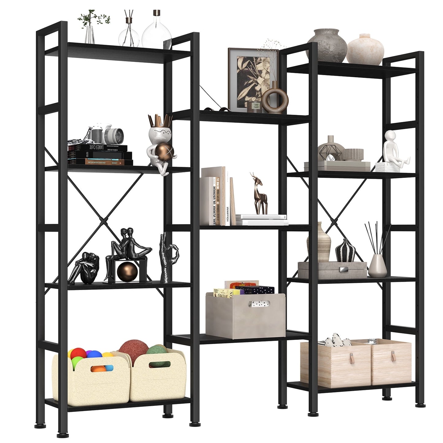 CONCETTA Triple 4-Tier Bookshelf with 11 Open Display Shelves, Adjustable Storage Bookcase for Home & Office, Sturdy Steel Frame and Wood Construction, Anti-Tip and Adjustable Feet, Black