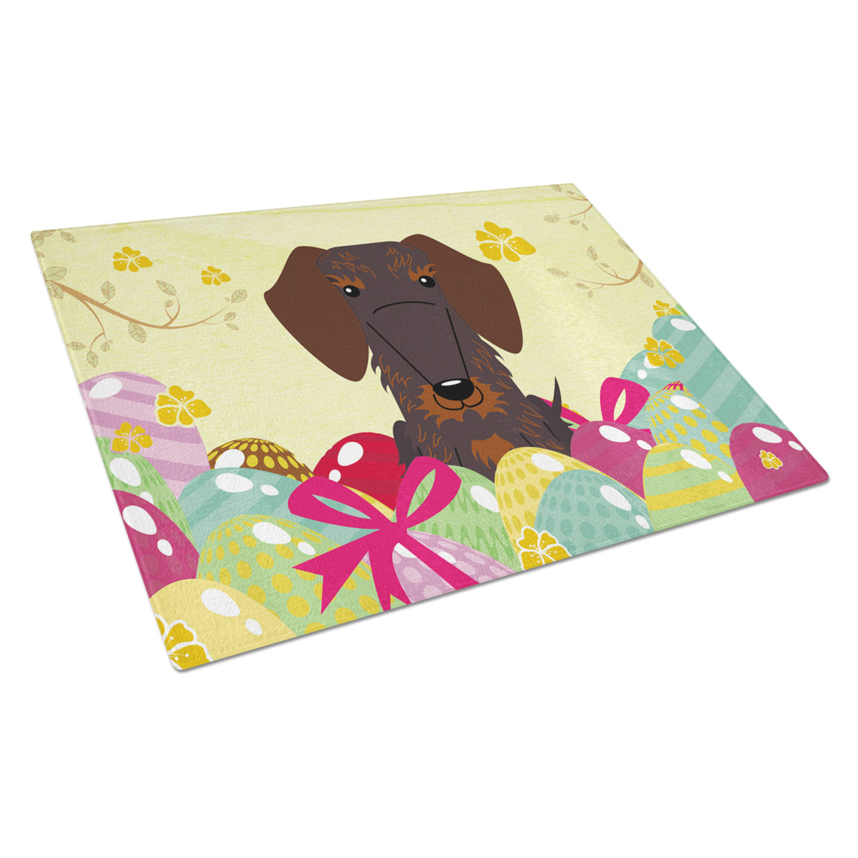 Caroline's Treasures BB6129LCB Easter Eggs Wire Haired Dachshund Chocolate Glass Cutting Board Large, 12H x 16W,
