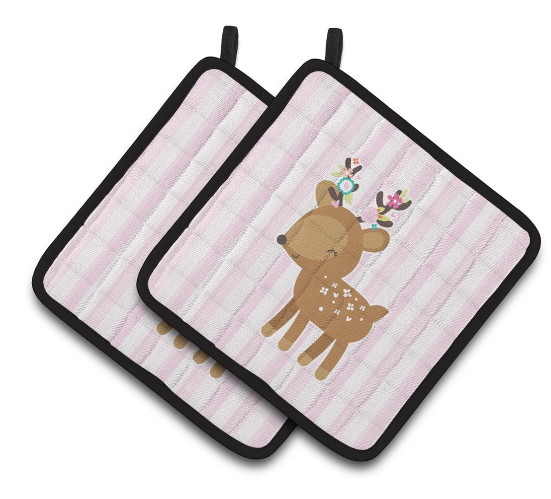 Caroline's Treasures Deer in Pink Stripes Pair of Pot Holders