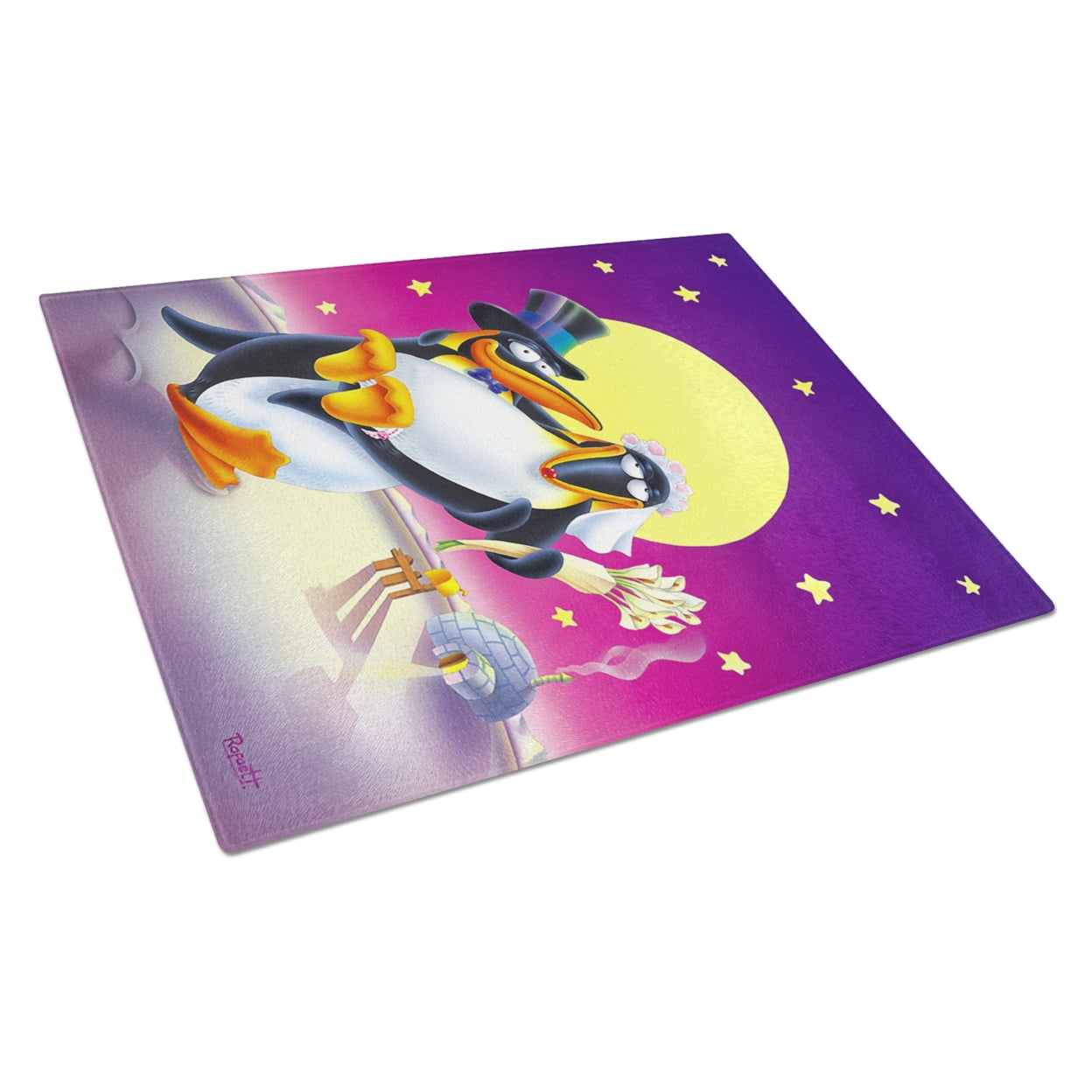 Caroline's Treasures Just Married Wedding Penguins Glass Cutting Board Large