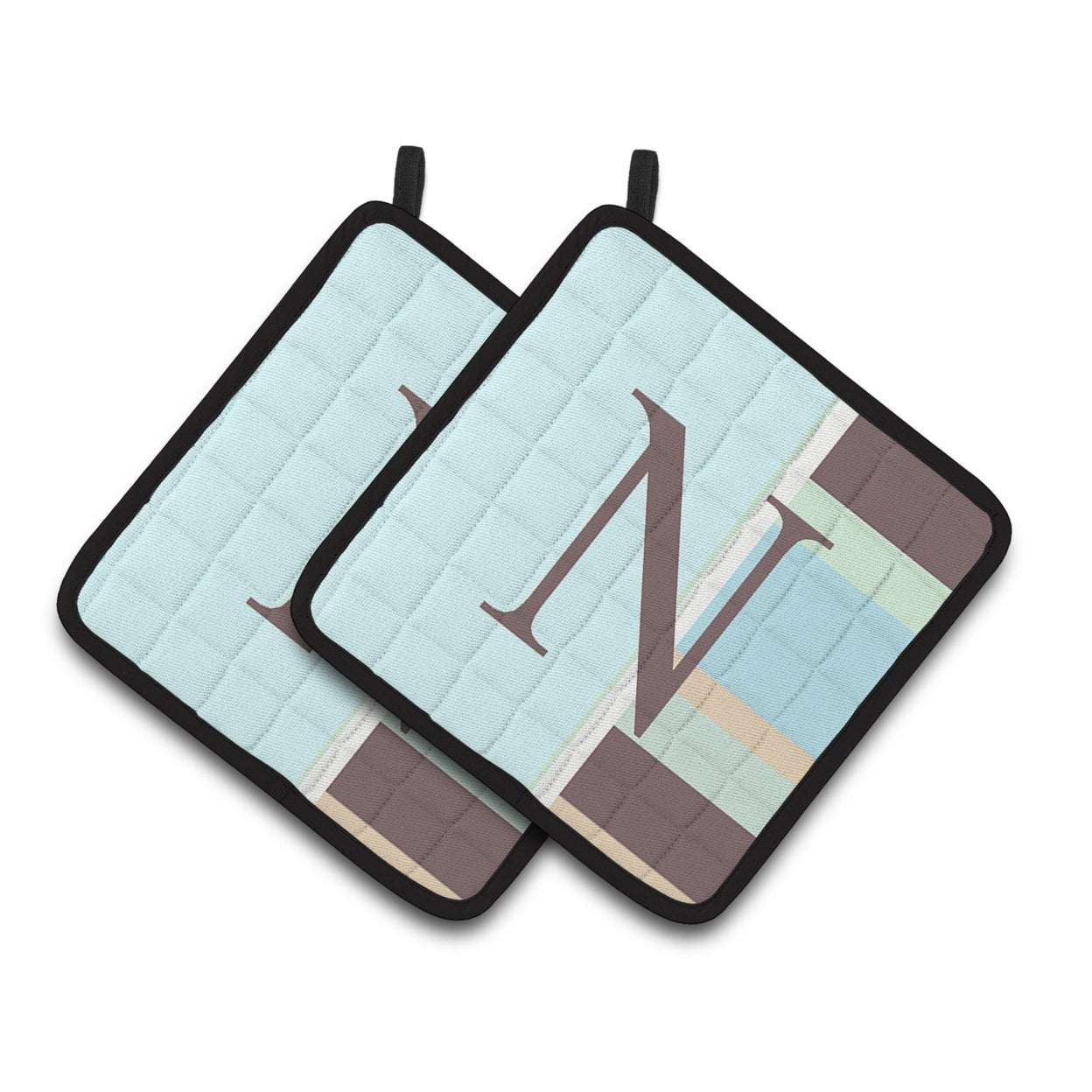Letter N Initial Monogram - Blue Stripes Pair of Pot Holders