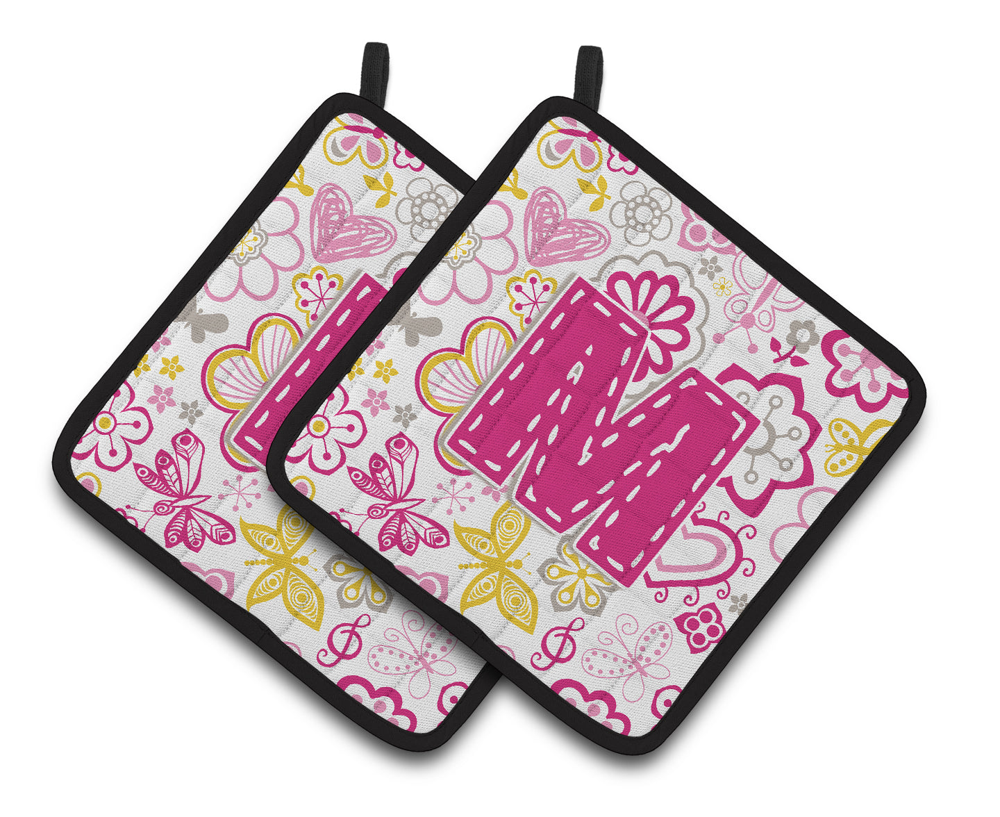 Letter M Flowers and Butterflies Pink Pair of Pot Holders