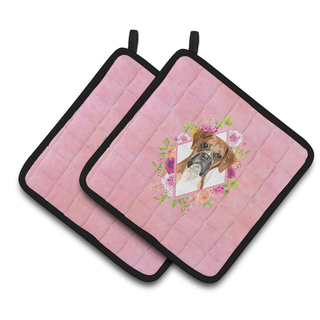 Carolines Treasures CK4255PTHD Boxer Pink Flowers Pair of Pot Holders 7.5HX7.5W multicolor
