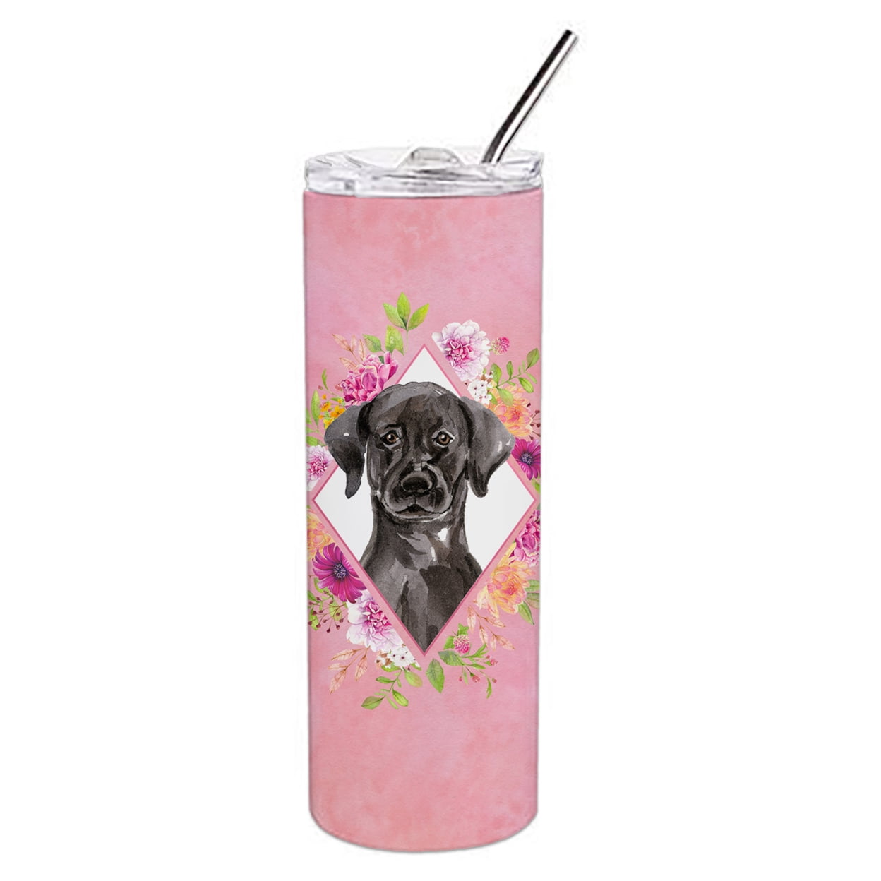 Carolines Treasures CK4261TBL20 Black Labrador Pink Flowers Stainless Steel 20 oz Skinny Tumbler 20 oz multicolor