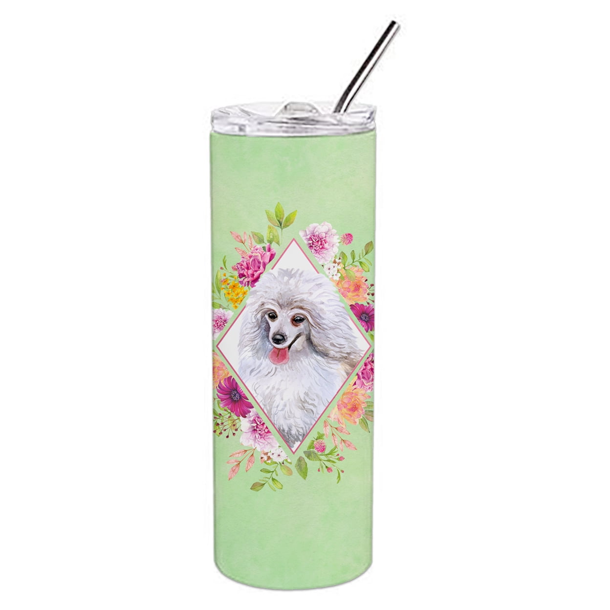 Carolines Treasures CK4332TBL20 White Mini Poodle Green Flowers Stainless Steel 20 oz Skinny Tumbler 20 oz multicolor