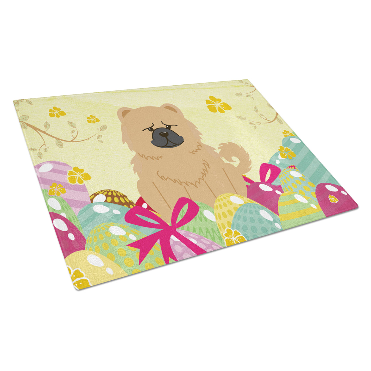 Carolines Treasures Easter Eggs Chow Chow Cream Glass Cutting Board Large 12H x 16W multicolor