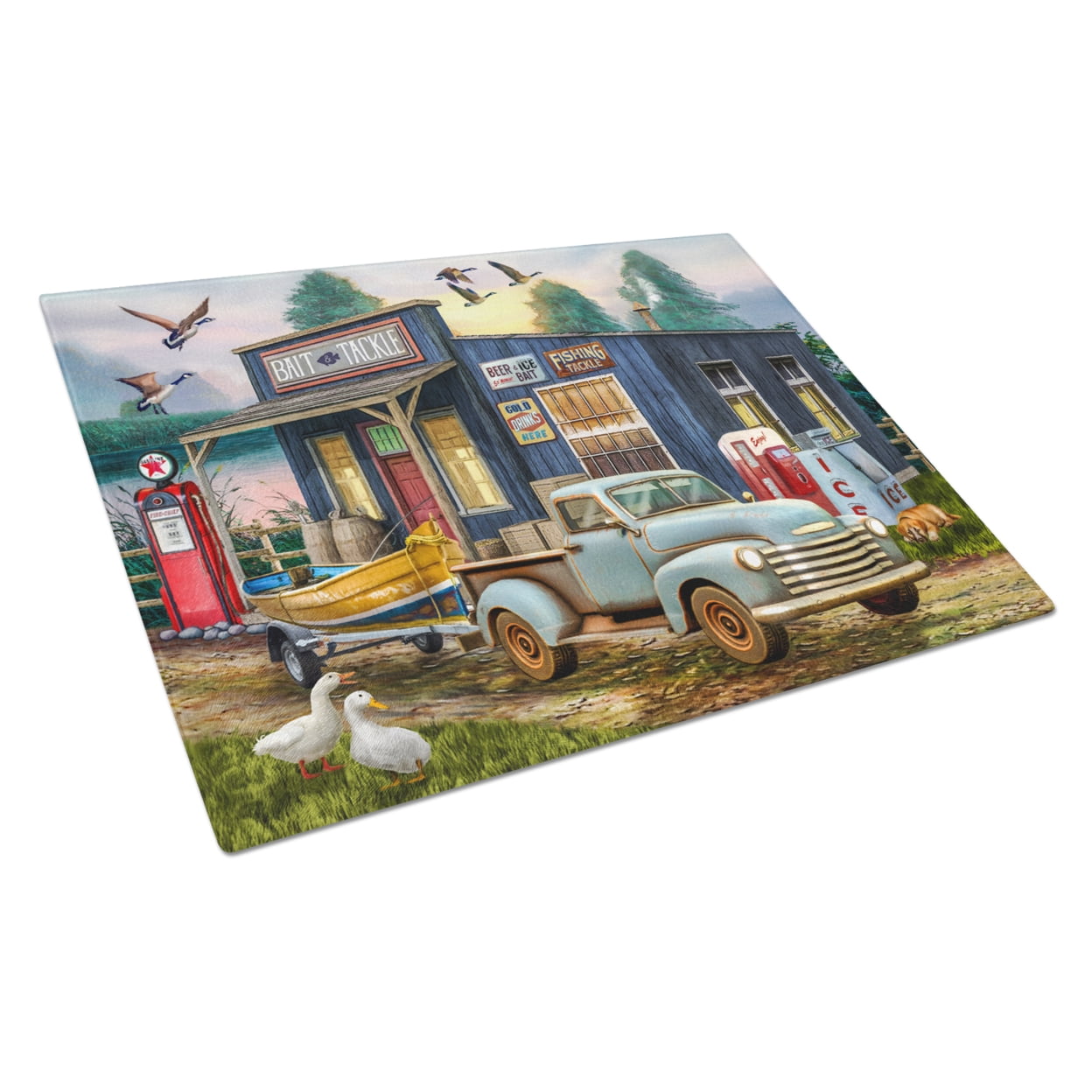 Carolines Treasures PTW2065LCB Early Bird Catches the Fish Bait Shop Glass Cutting Board Large, 12H x 16W, multicolor