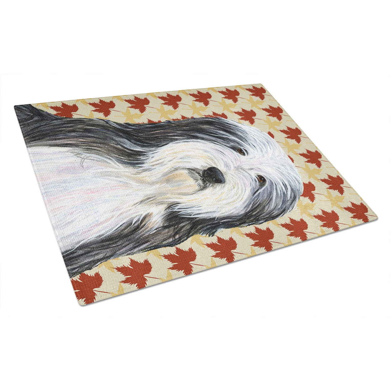 Carolines Treasures SS4359LCB Bearded Collie Fall Leaves Portrait Glass Cutting Board Large, 12H x 16W, multicolor