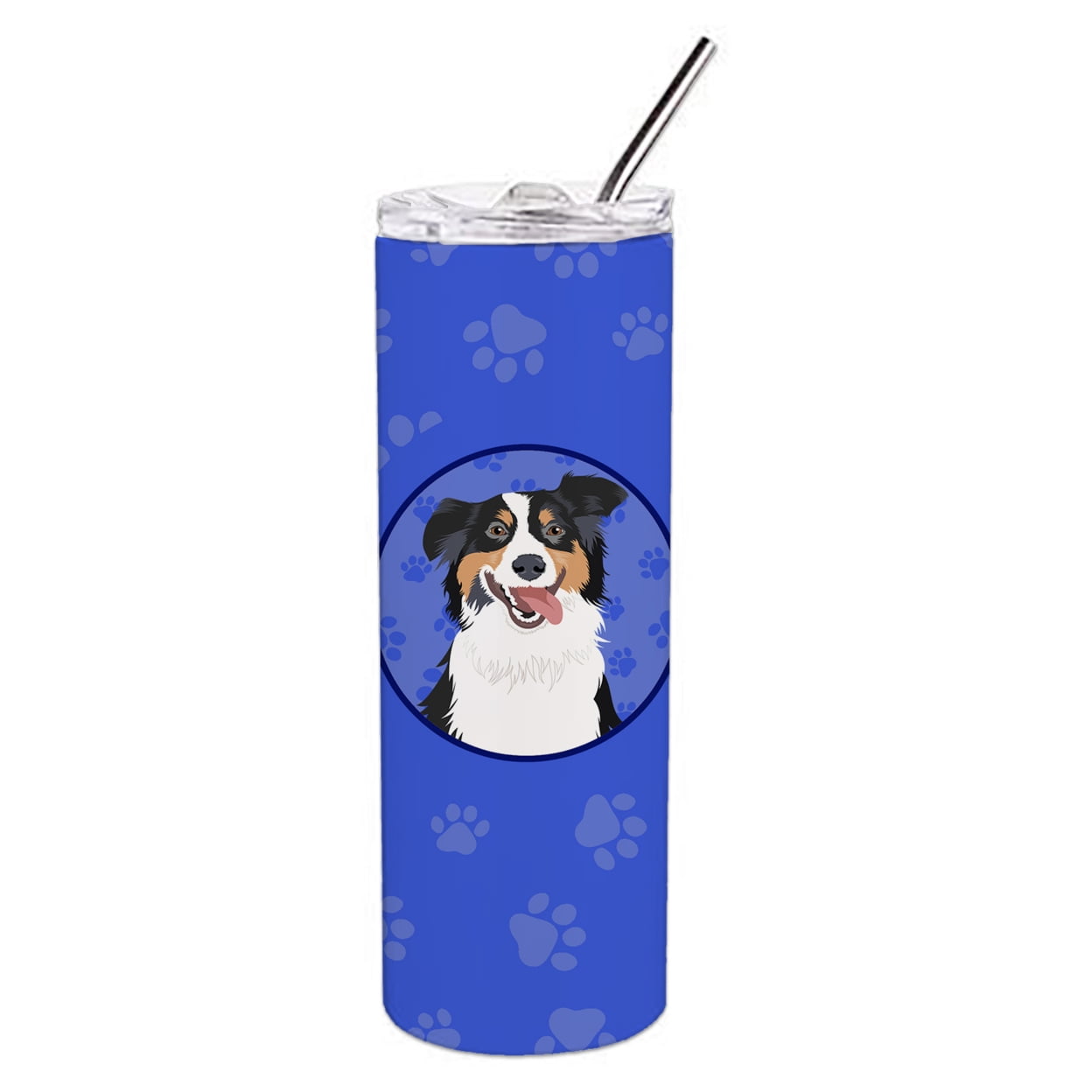 Carolines Treasures WDK1002TBL20 Australian Shepherd Black Tricolor Design2 Stainless Steel 20 oz Skinny Tumbler Blue