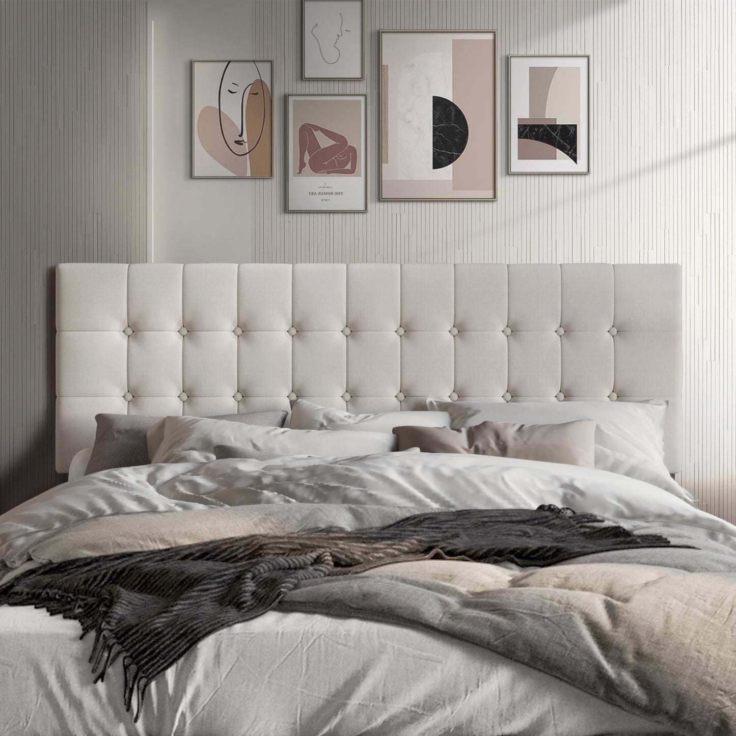 Castle Place Upholstered Button Tufted Linen Headboard, Warm Grey, Queen
