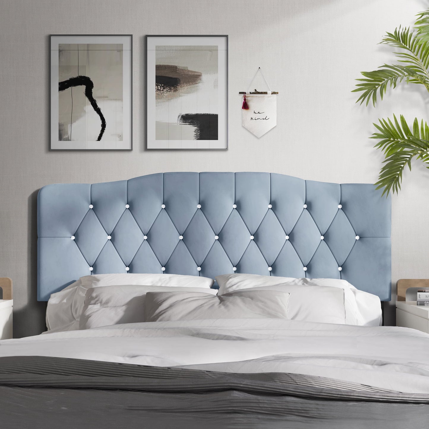 Castle Place Upholstered Tufted Headboard, Light Blue Velvet, King