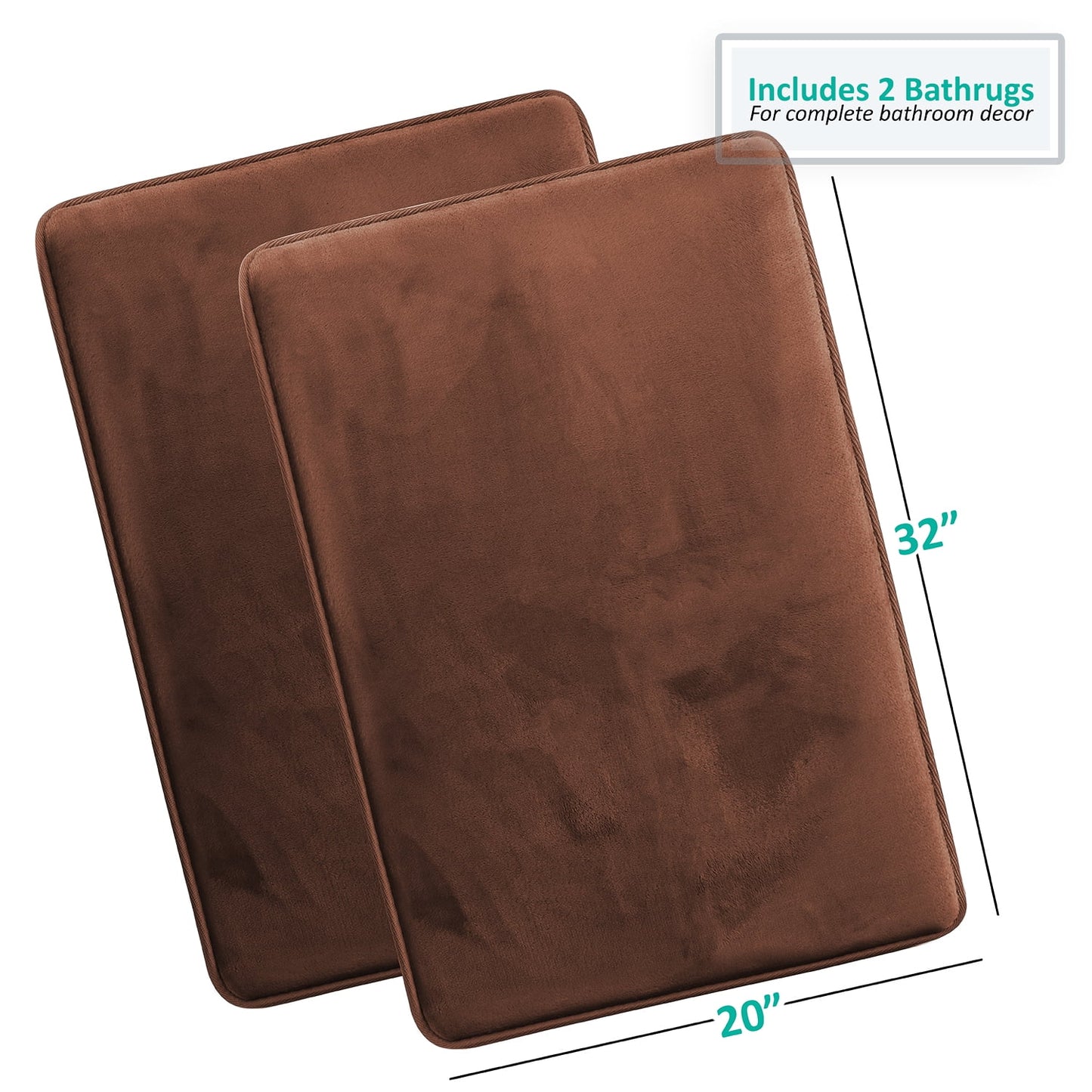 Clara Clark 2 Piece Premium Memory Foam Bathroom Mat Set, Set of 2 20x32 Inch Bath Rugs, Brown