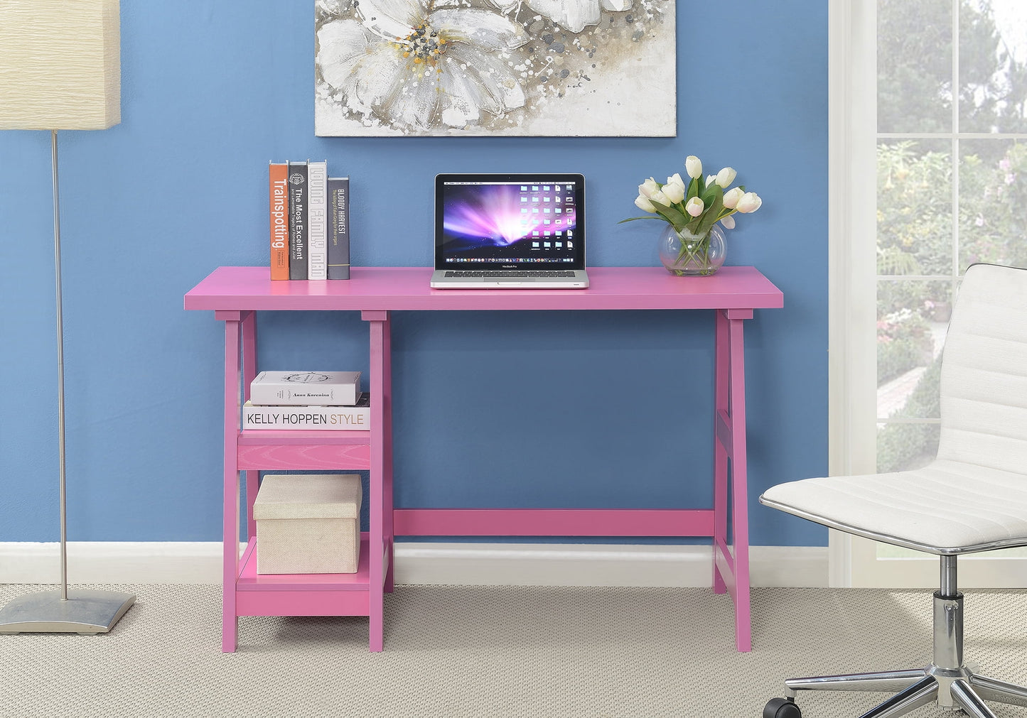 Convenience Concepts Designs2Go 29.25" Tall Trestle Desk with Shelves, Pink