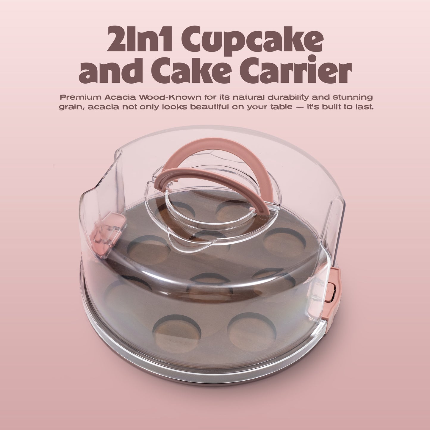 Cook with Color 12-Cupcake Reversible Dark Walnut Wood Rectangular Cake Carrier with Clear Locking Lid