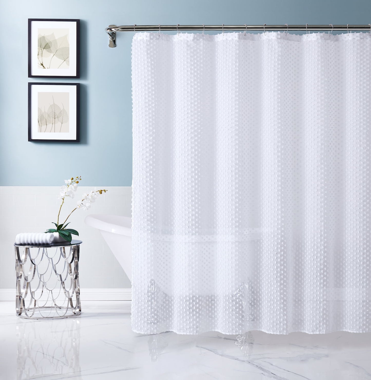 Dainty Home Valeria 3D Cotton Ball Puffs Linen-Look Solid Sheer Fabric 70 x 72 Shower Curtain in White