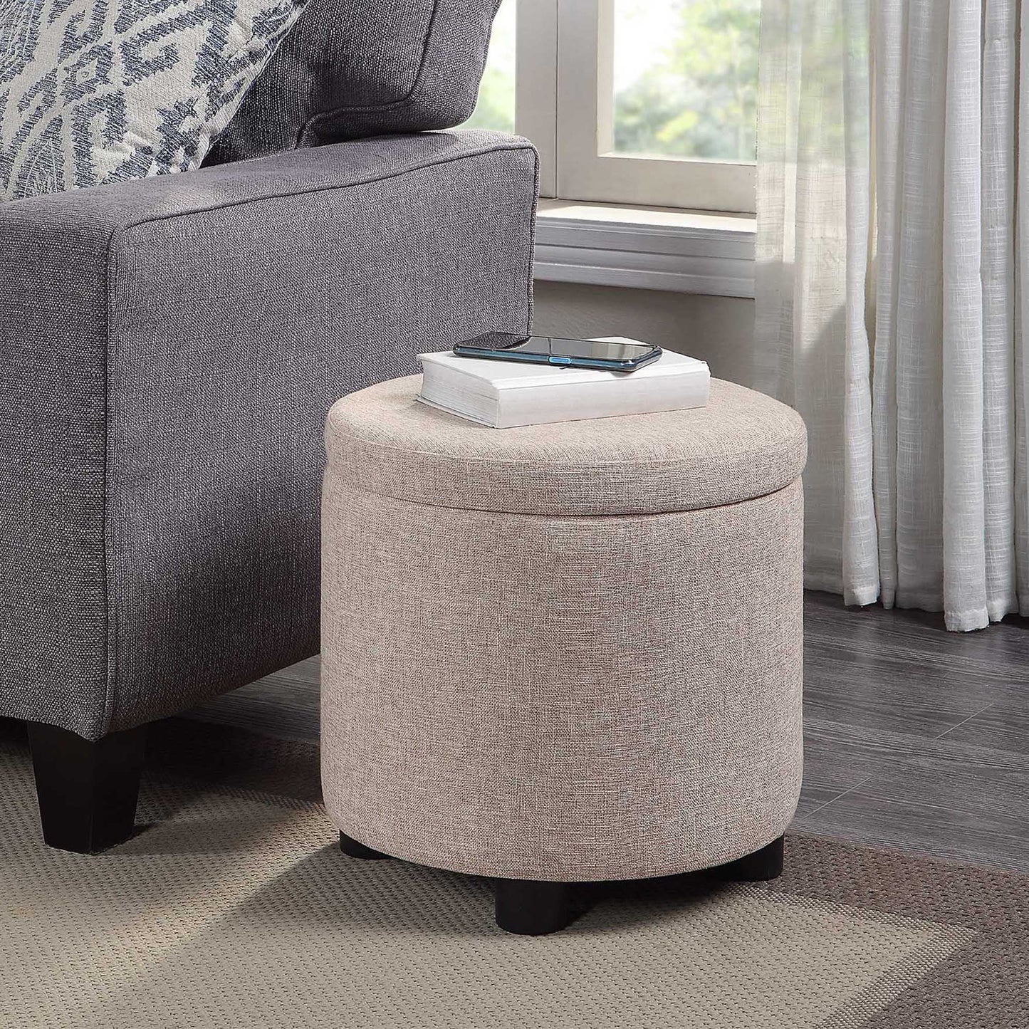 Designs4Comfort Round Accent Storage Ottoman with Reversible Tray Lid, Tan Fabric