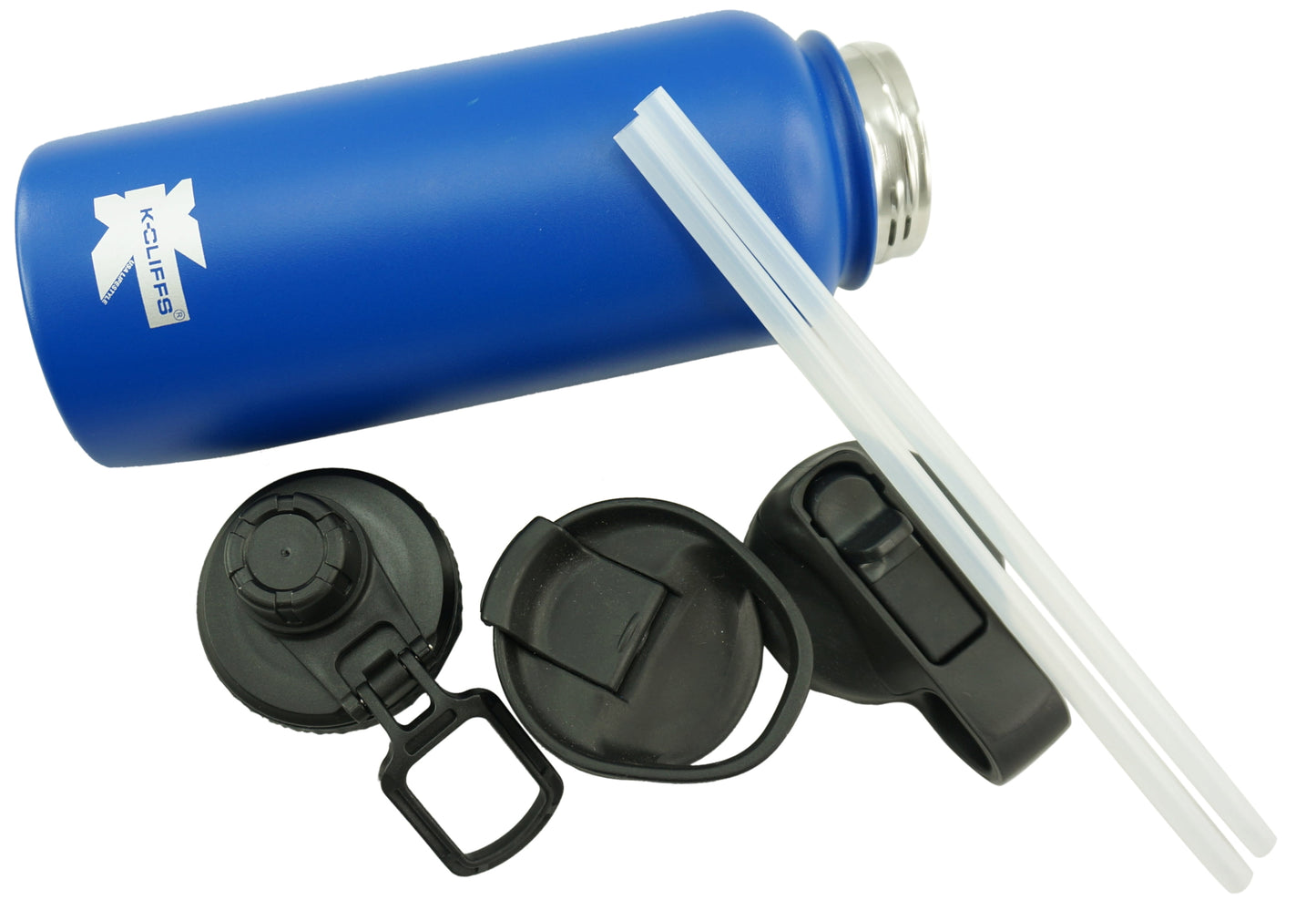 K-Cliffs Double Wall Sports Water Bottle Vacuum Insulated Flask Stainless Steel BPA Free 3 Lids Included Straw / Coffee / Sport Cap Black 24oz (800 ml / 0.8L)