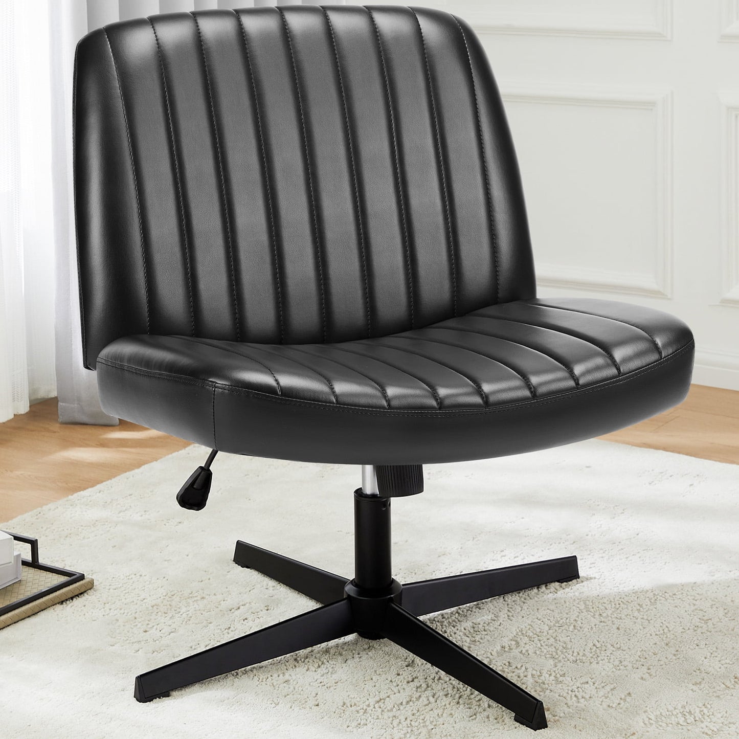 MAYEERTY Wide Desk Chair ,No Wheels Cross Legged Office Chair Armless Office Chair,Black