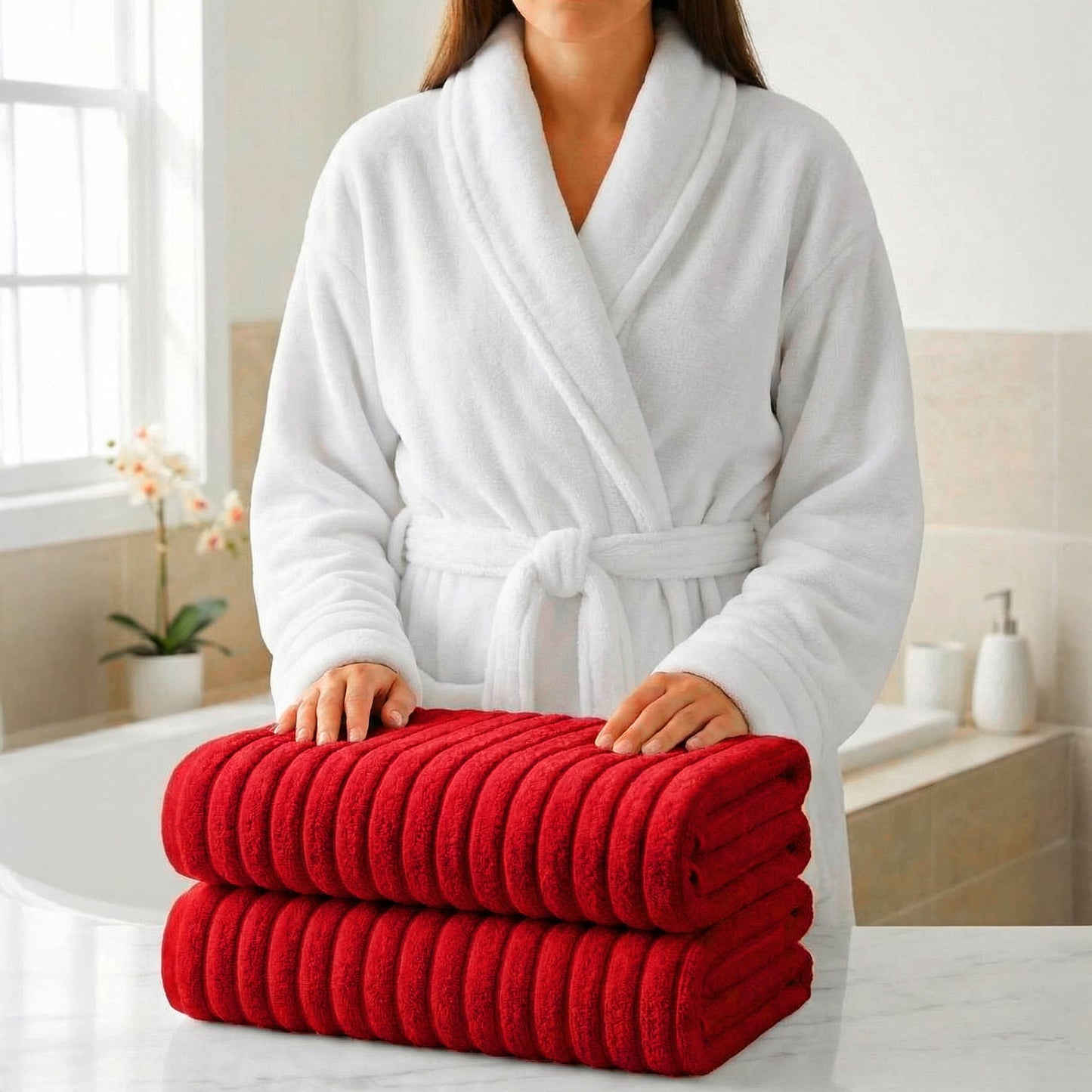 Elegant Comfort 3-Piece Spa Bath Set – Plush Bathrobe & 2 Ribbed Bath Towels, Thick Absorbent Hotel Quality Bathroom Essentials, Red Bath Towel, White Robe ,Small