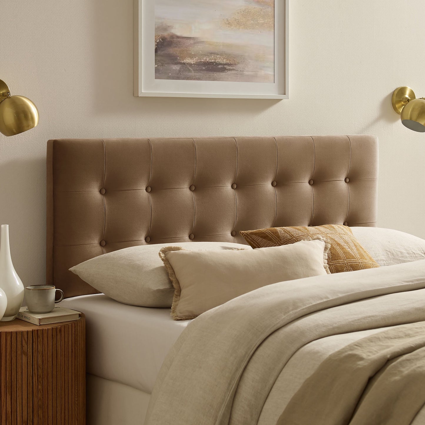 Emily Stain-Resistant Performance Velvet Queen Size Headboard in Taupe