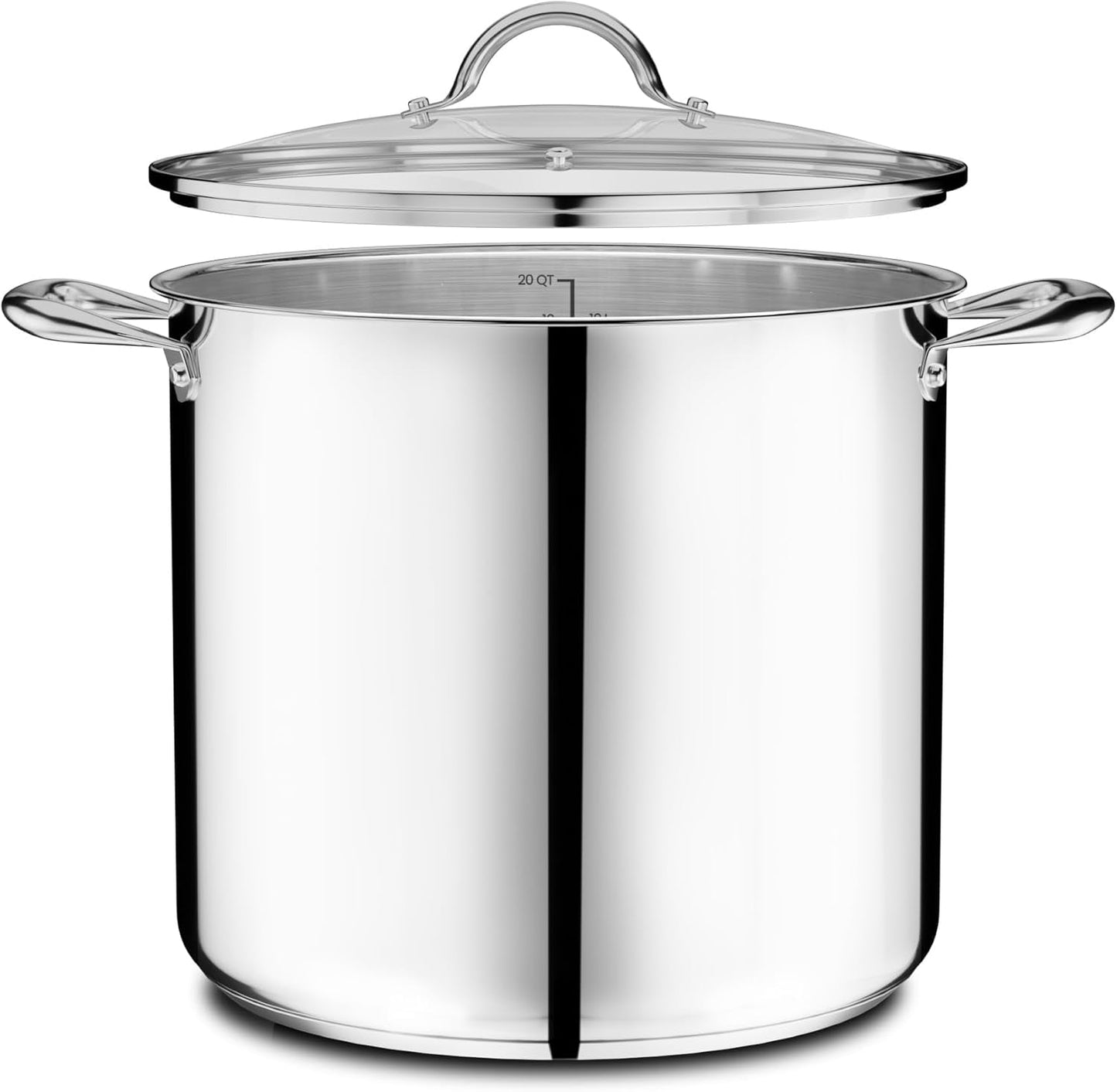 Emporio Kitchen Stainless Steel 20QT Stock Pot with Glass Lid – Durable 18/0 Steel, Even-Heat Base, Riveted Handles, Oven & Stove Compatible, 500°F