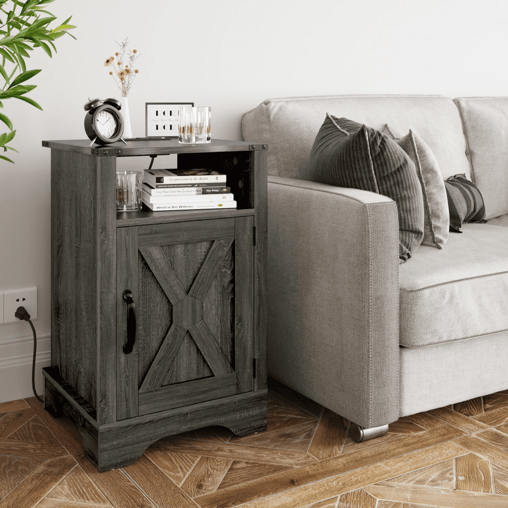 Farmhouse Wooden Nightstand with UL Certified Charging Station, 16"D×16"W×25"H Rustic Storage End Table with Cabinet Open Shelf for Bedroom Living Room Office