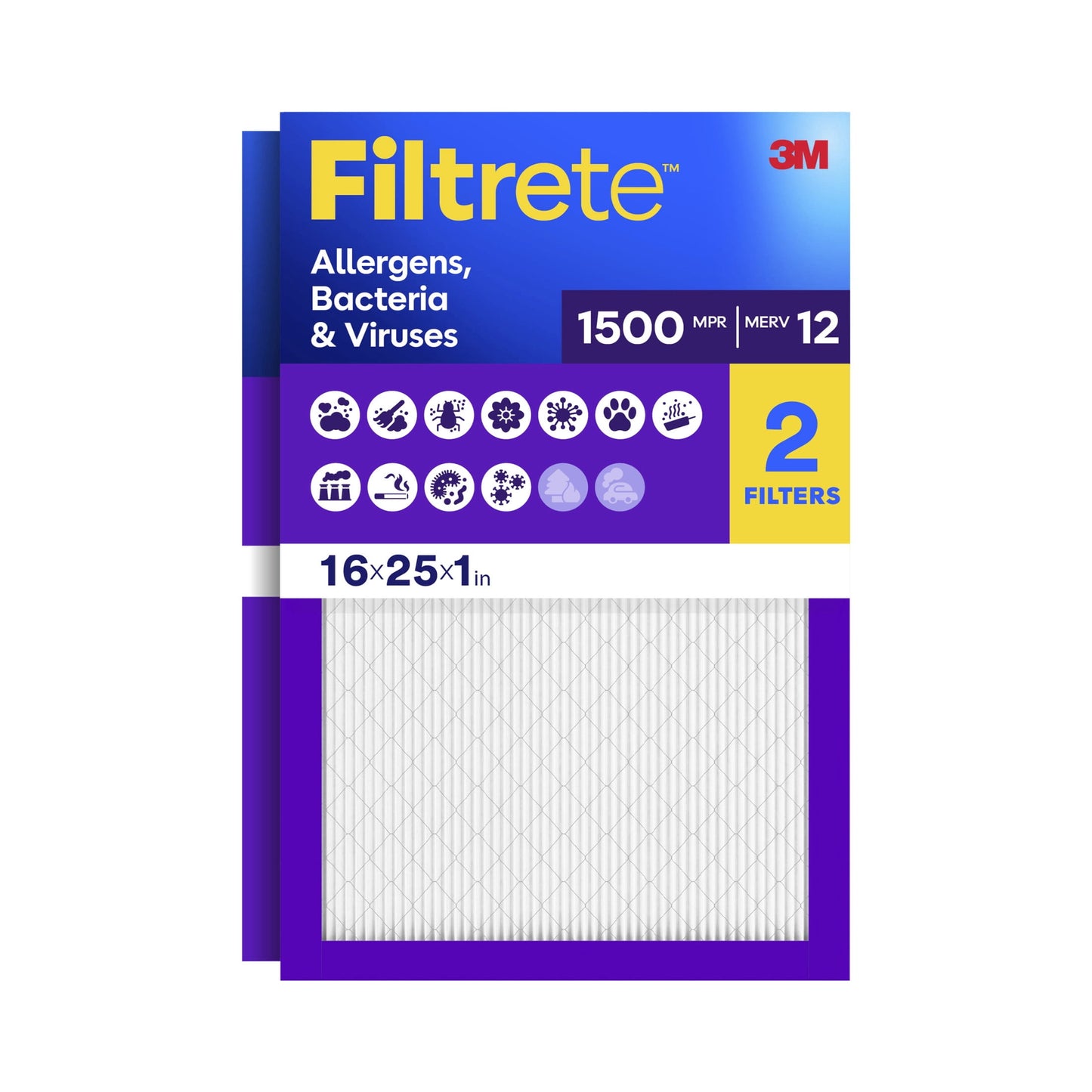 Filtrete 16x25x1 HVAC Furnace Air Filter, MPR 1500 MERV 12, Allergens, Bacteria & Viruses, 2 Pack