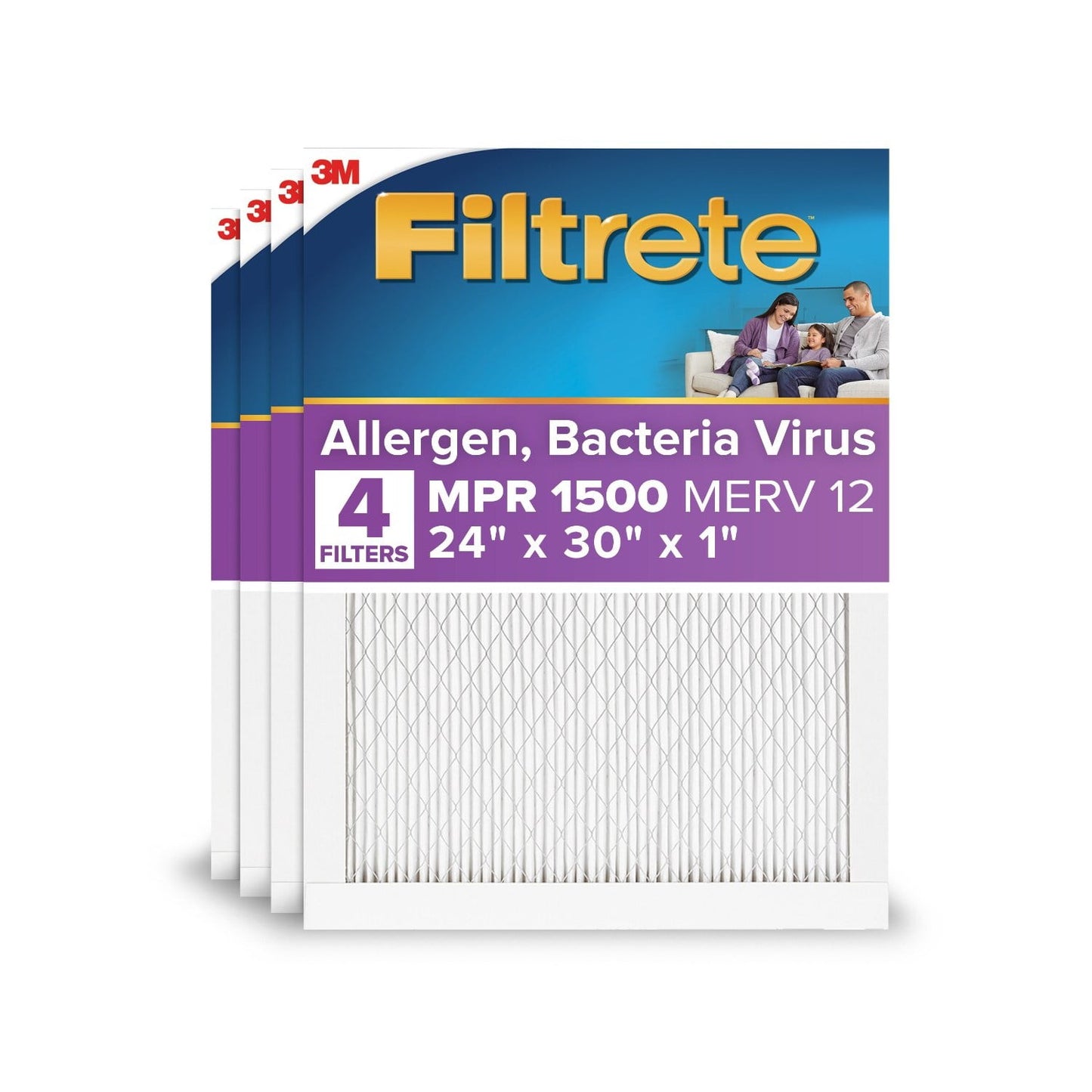 Filtrete 24x30x1 HVAC Furnace Air Filter, MPR 1500 MERV 12, Allergen, Bacteria, Virus, 4 Pack