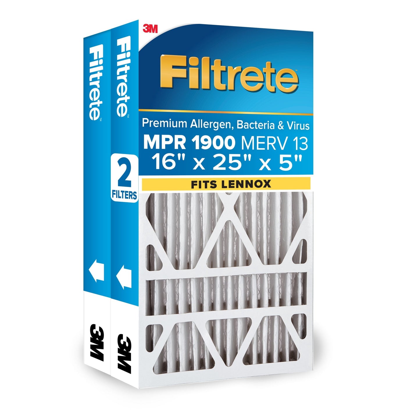 Filtrete 16x25x5 Fits Lennox HVAC Furnace Air Filter, MPR 1900 MERV 13, Premium Allergen, Bacteria & Virus, 2 Lennox Filters (Actual size 15.63 x 24.74 x 4.31 in.)