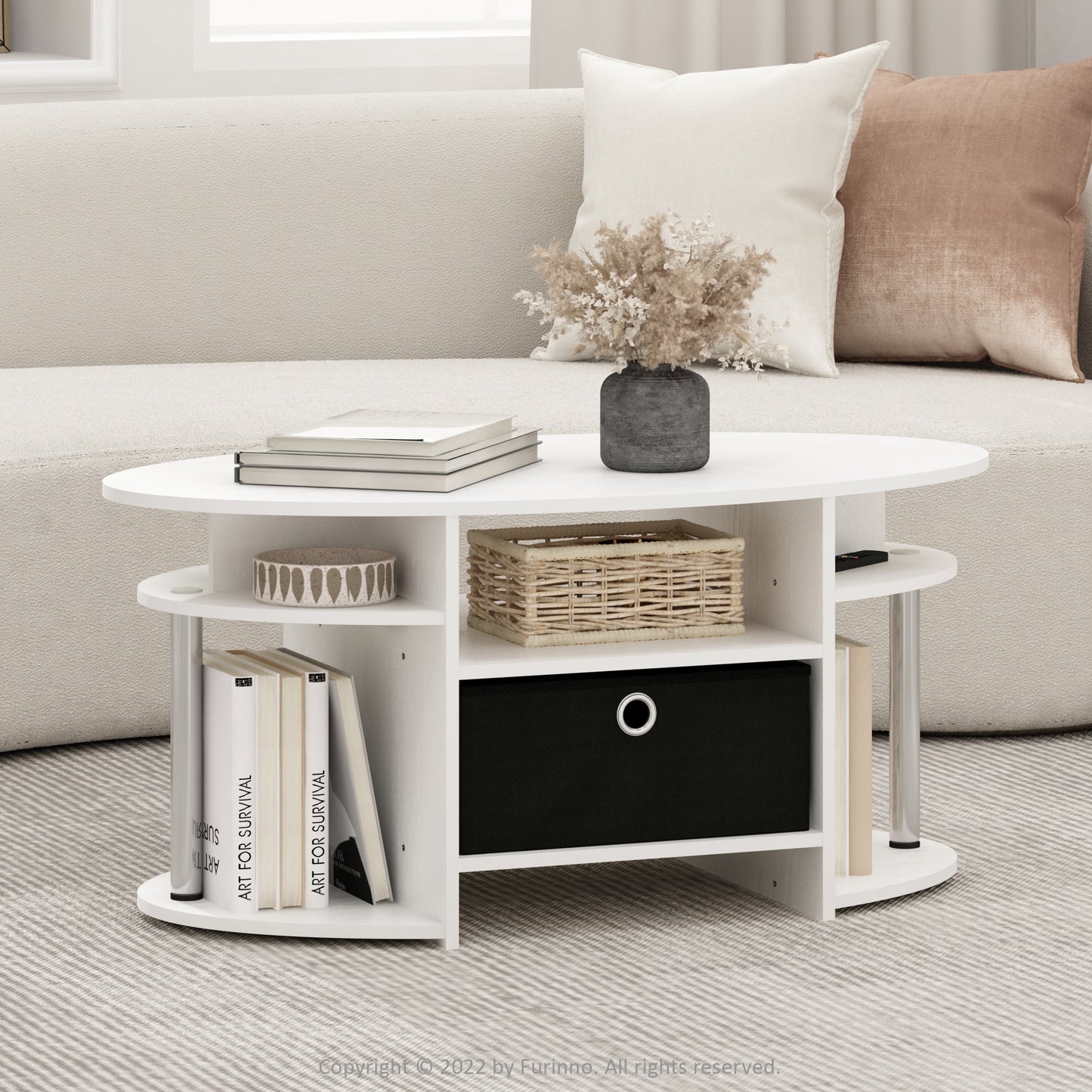 Furinno JAYA Mesa de Centro Ovalada de Diseño Simple con Contenedor, Roble Francés Gris/negro