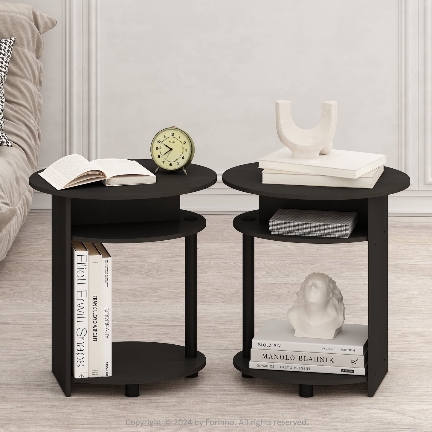 Furinno JAYA Simple Design Oval End Table, Side Table, Black Walnut, Set of 2