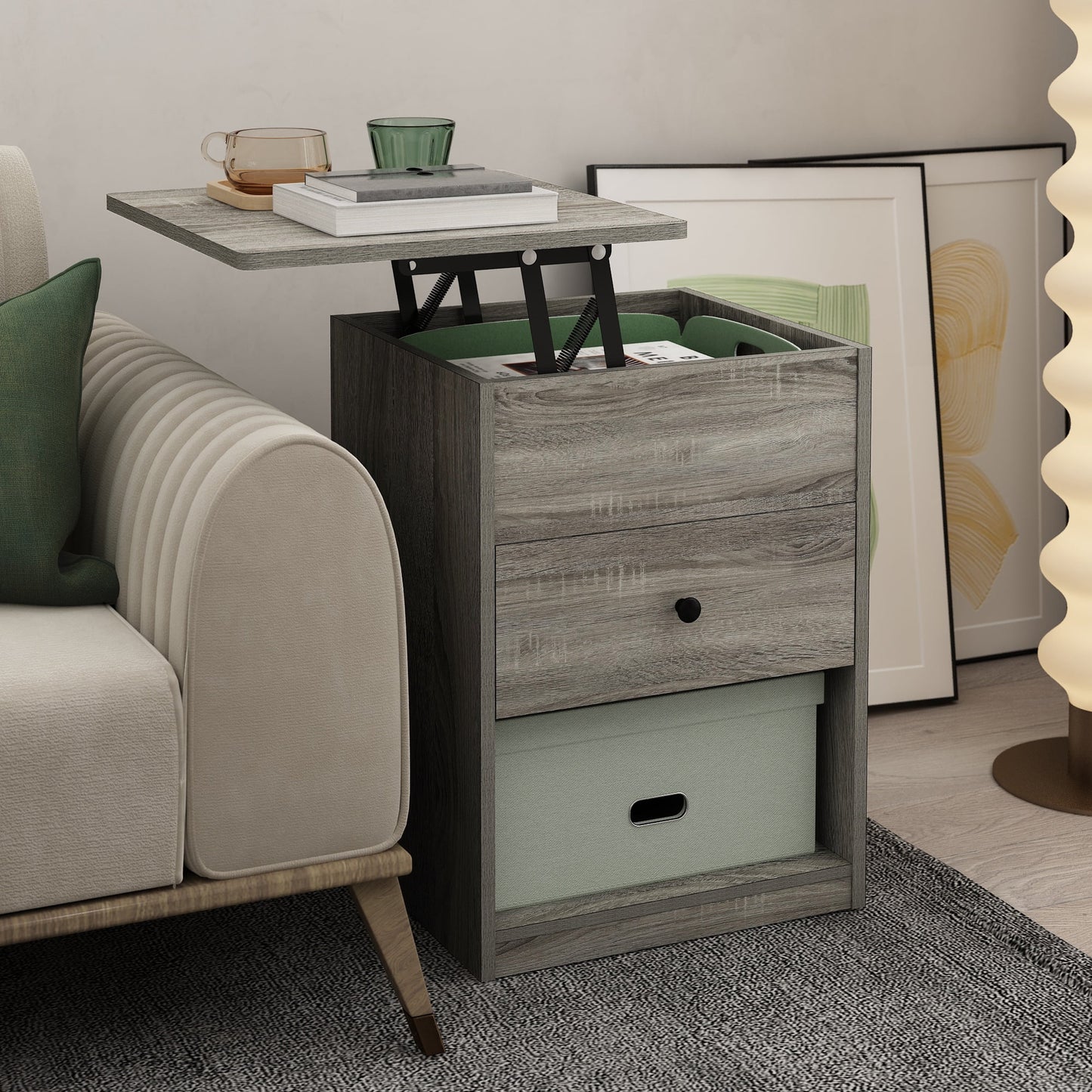 Furinno Jensen Mesita de Noche con Tapa Elevable, Roble Gris Francés