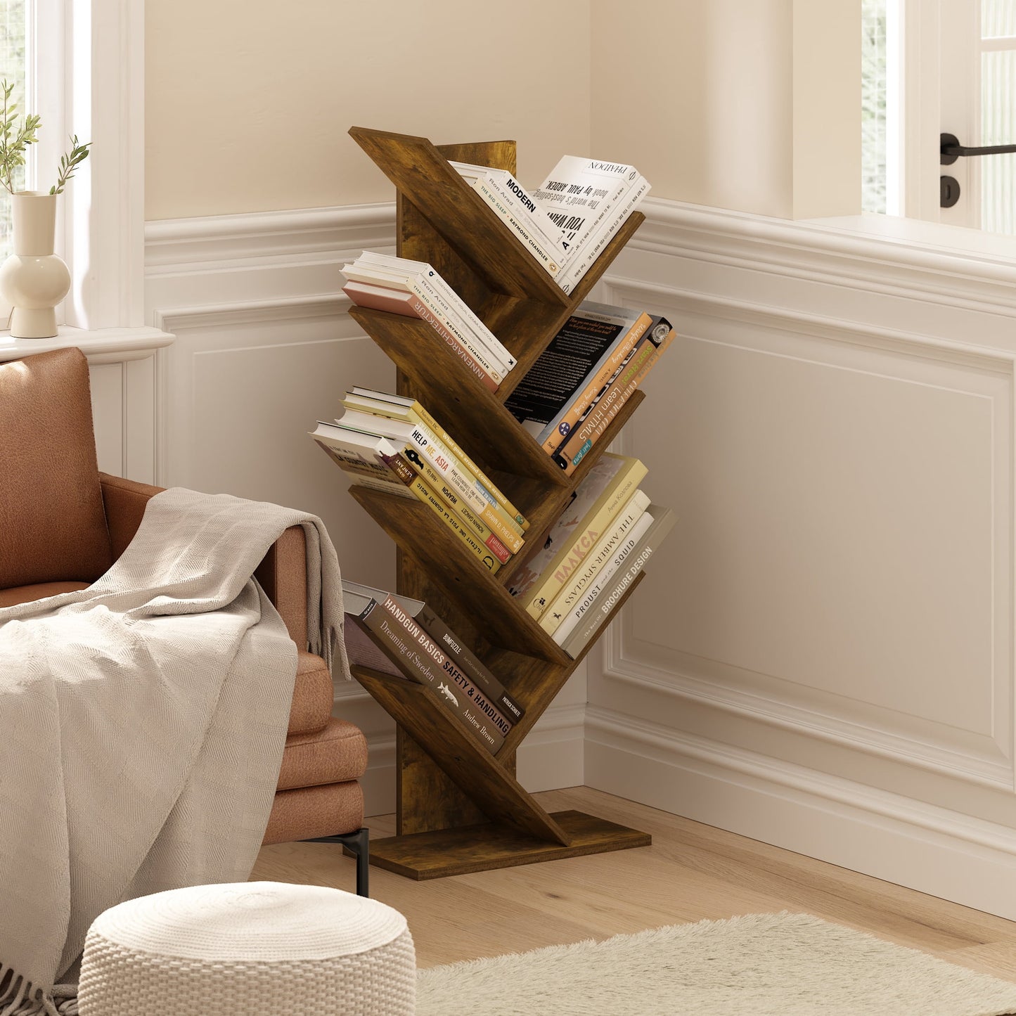 Furinno EstanterÃa de Ãrbol de 7 Niveles para Piso, Librero de Ãrbol, Pino Ãmbar