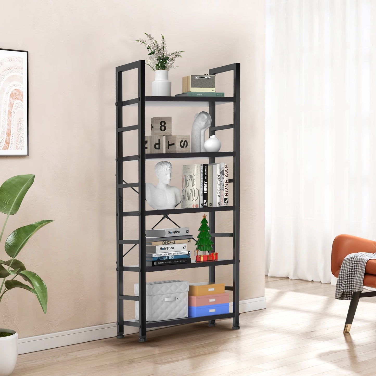 GIANNA Estante de Almacenamiento de Madera y Metal de 5 Repisas con Patas Ajustables, Impermeable y Resistente a los Arañazos, Negro