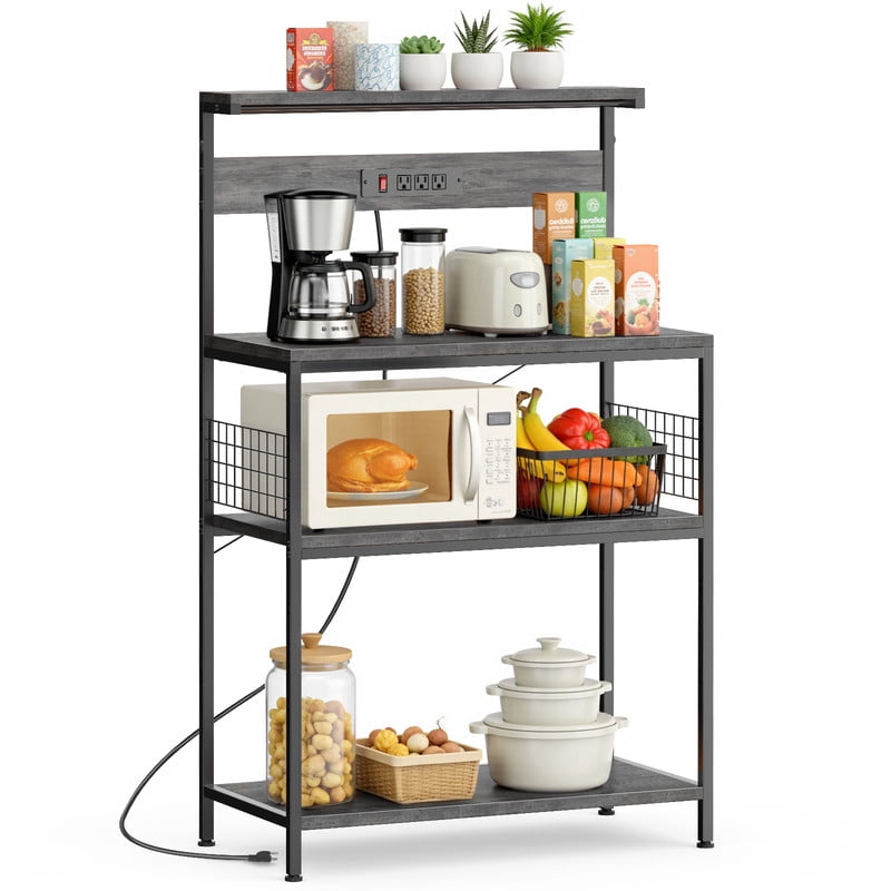 GIANNA Baker’s Rack with Power Outlet, 4-Tier Kitchen Coffee Bar and Microwave Stand, Storage Organizer, 23.6 Inch, Rustic Brown