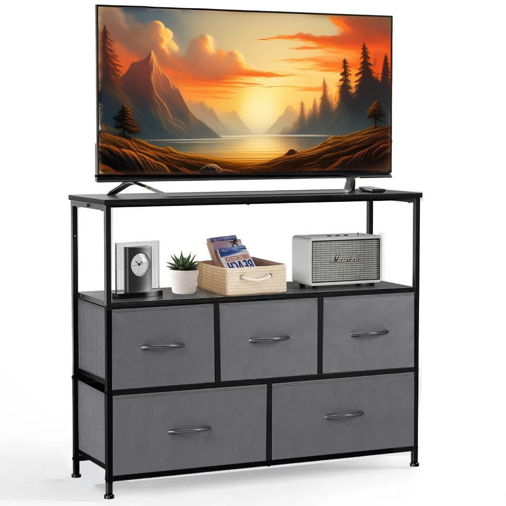 GIANNA TV Cabinet Stand with 5 Fabric Drawers, Adjustable Feet for Bedroom, Grey