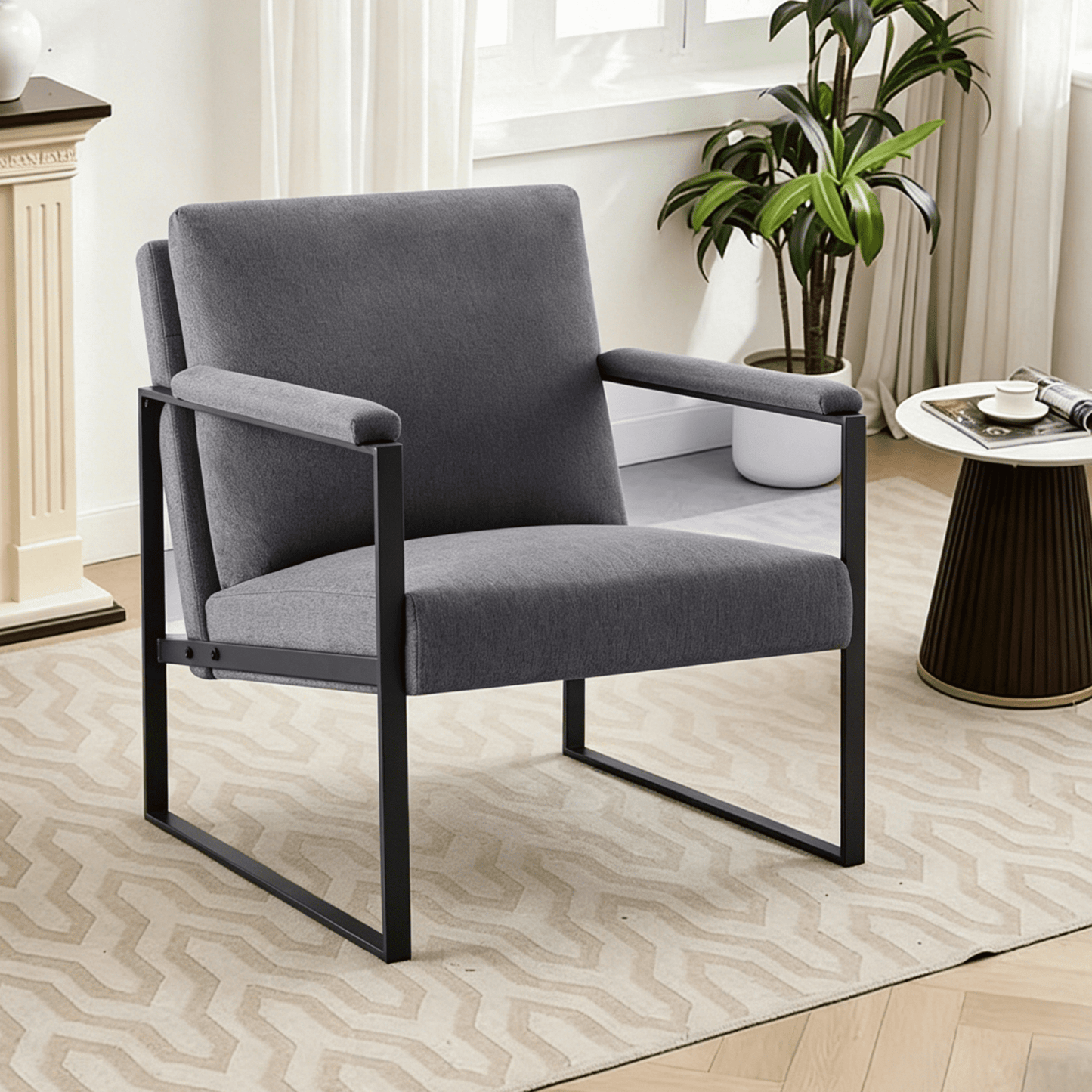 Gewnee 26.8â€Black Metal Frame Accent Armchair,Padded Square Arms,High-Density Foam,Removable Washable Back Cushion – Easy Assembly for Living Room,Bedroom,Study.Dark Grey