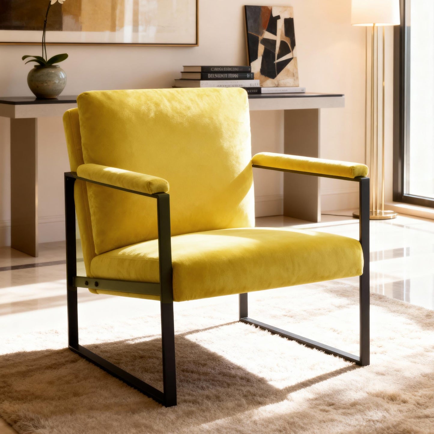Gewnee 26.8â€Metal Frame Accent Armchair,Single Sofa Chair with Scratch-Resistant Foot Pads & Detachable Washable Backrest,Suitable for Study Rooms and Bedrooms.(Yellow)