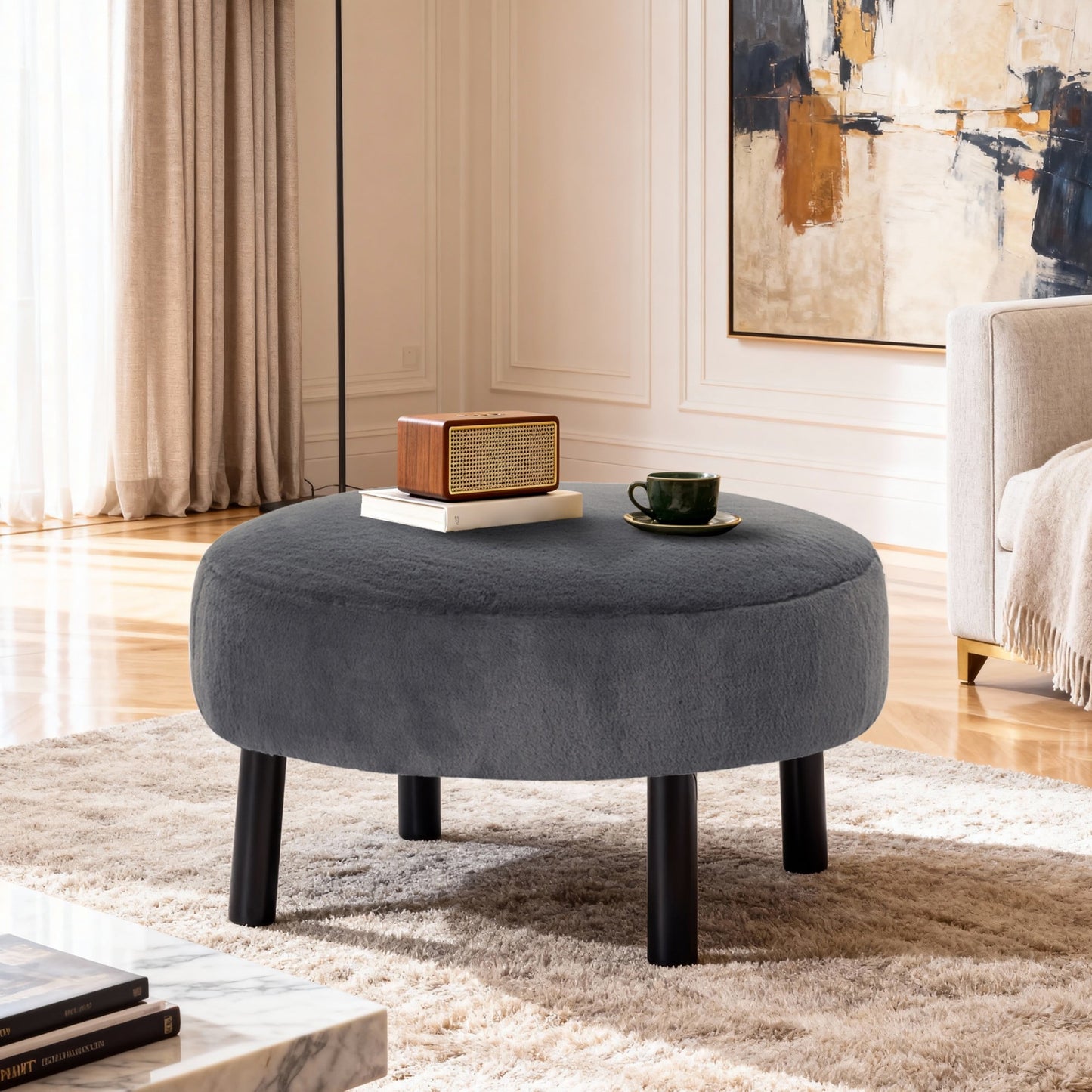 Gewnee 27.56â€Round Ottoman,Faux Rabbit Fur Cushioned Stool,Solid Wood Legs,Home Office Multi-Functional Leisure Ottoman.(Dark Grey)