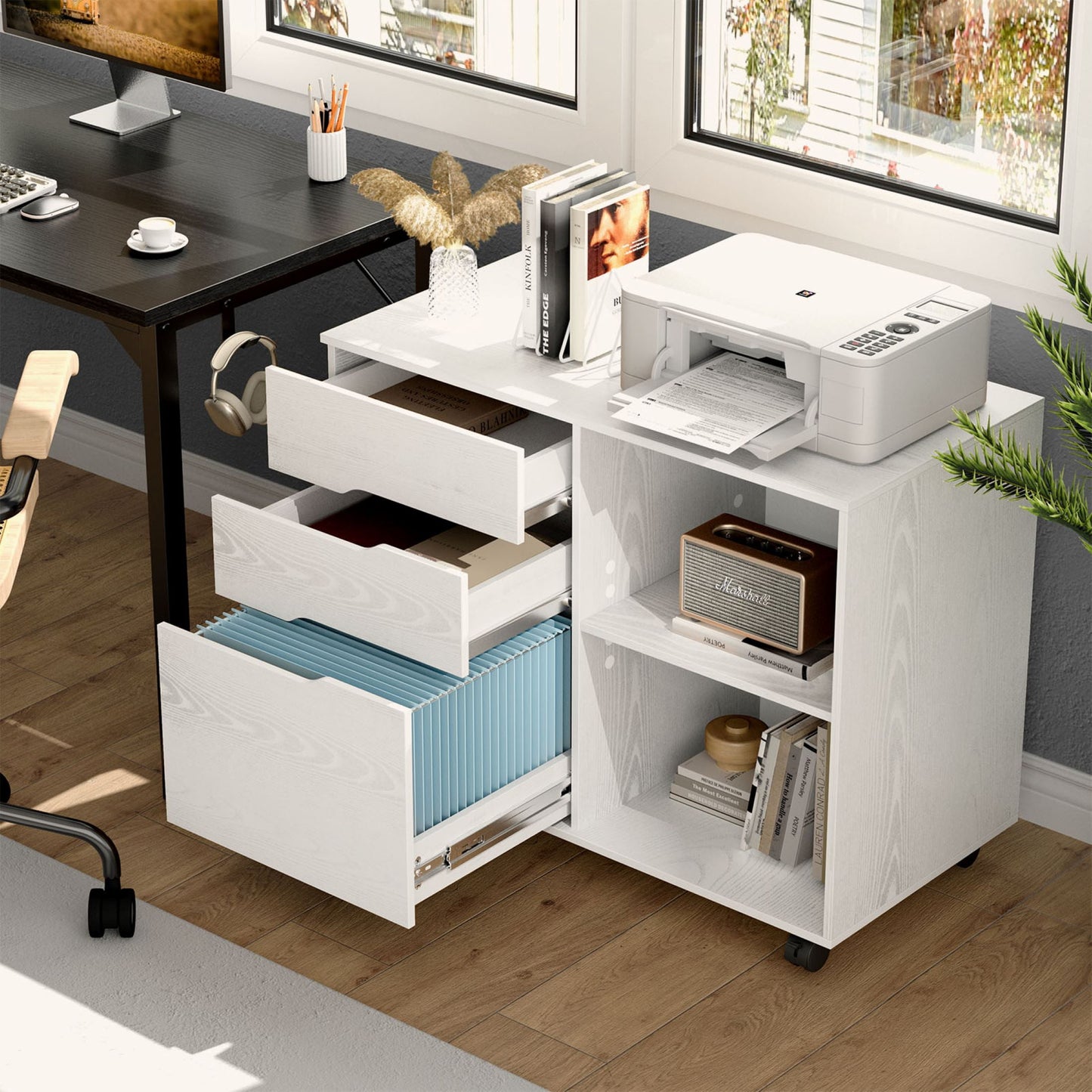 Gianna 3-Drawer File Cabinet with Wheels, Rolling Wood Printer Stand with Open Storage Shelves for Home Office, White