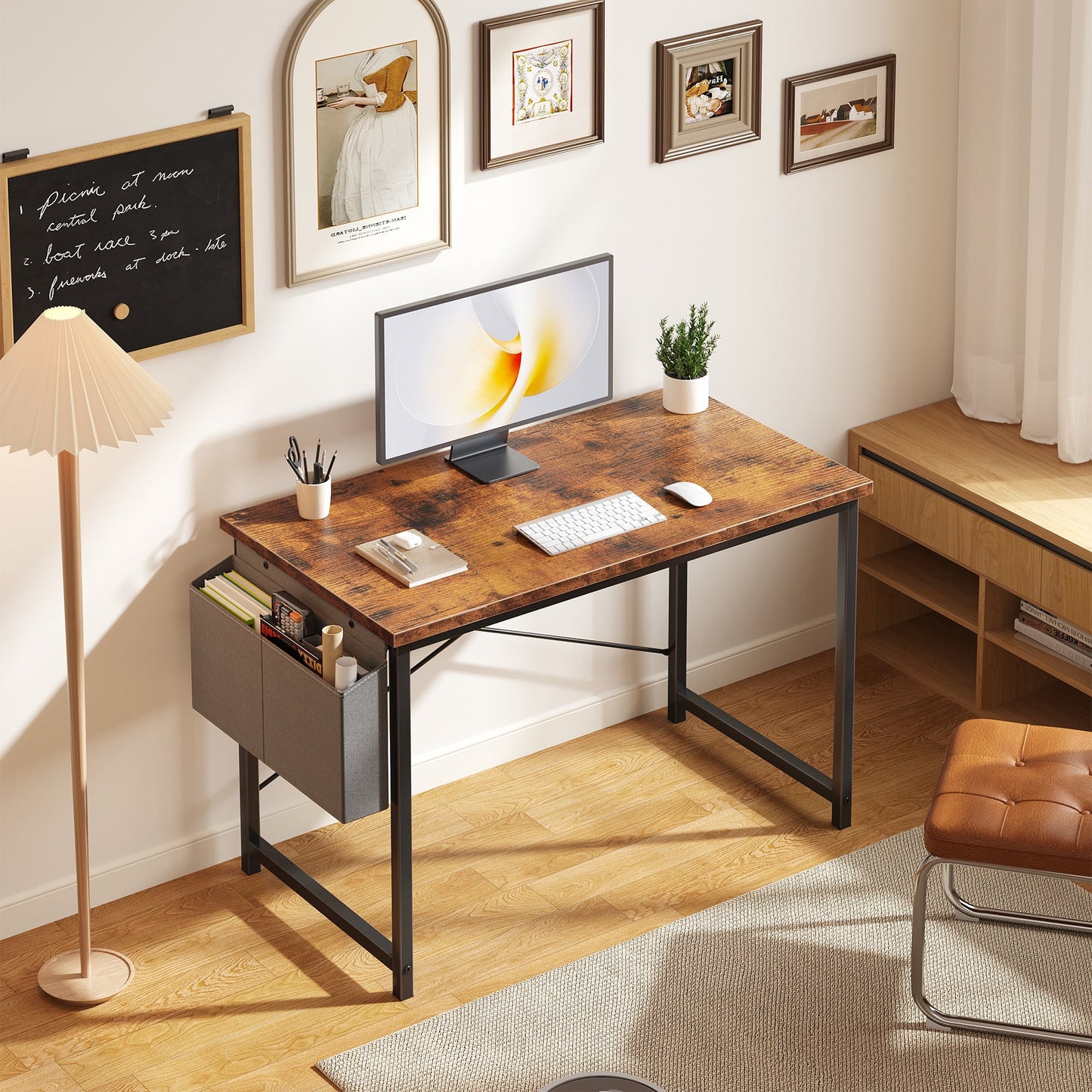 Gianna 44" Computer Desk with Metal Frame, Waterproof Surface and Storage Bag – Perfect for Office Use, Rust Brown