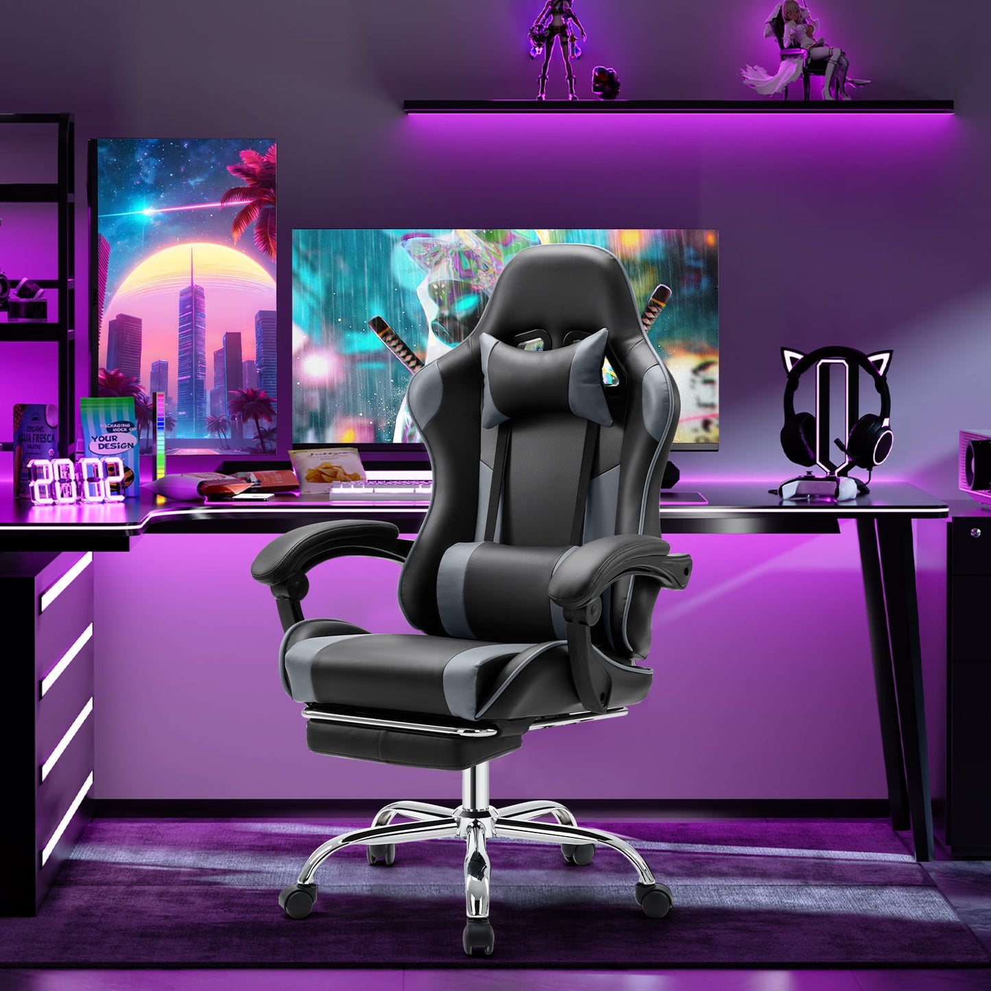 Gianna Ergonomic Gaming Chair With Headrest And Lumbar Pillow,Height Adjustable With 360°-Swivel Seat,Grey