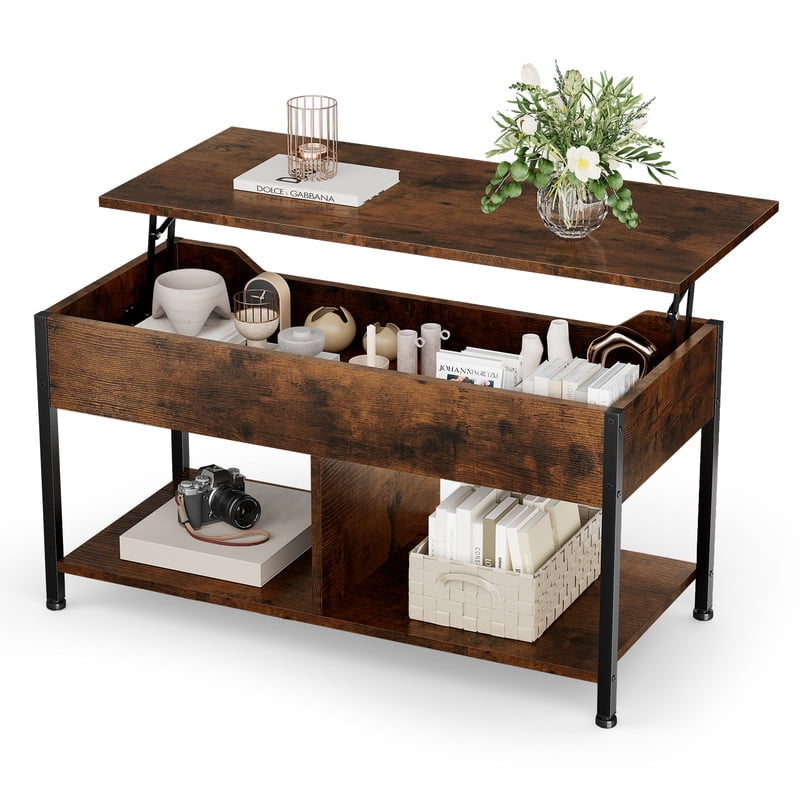 Gianna Lift Top Coffee Table with Storage 39" Center Table with Hidden Compartment & 2 Shelves Farmhouse, Wood Coffee Table for Living Room with Sturdy Lift-Top Adjustable Feet,Brown
