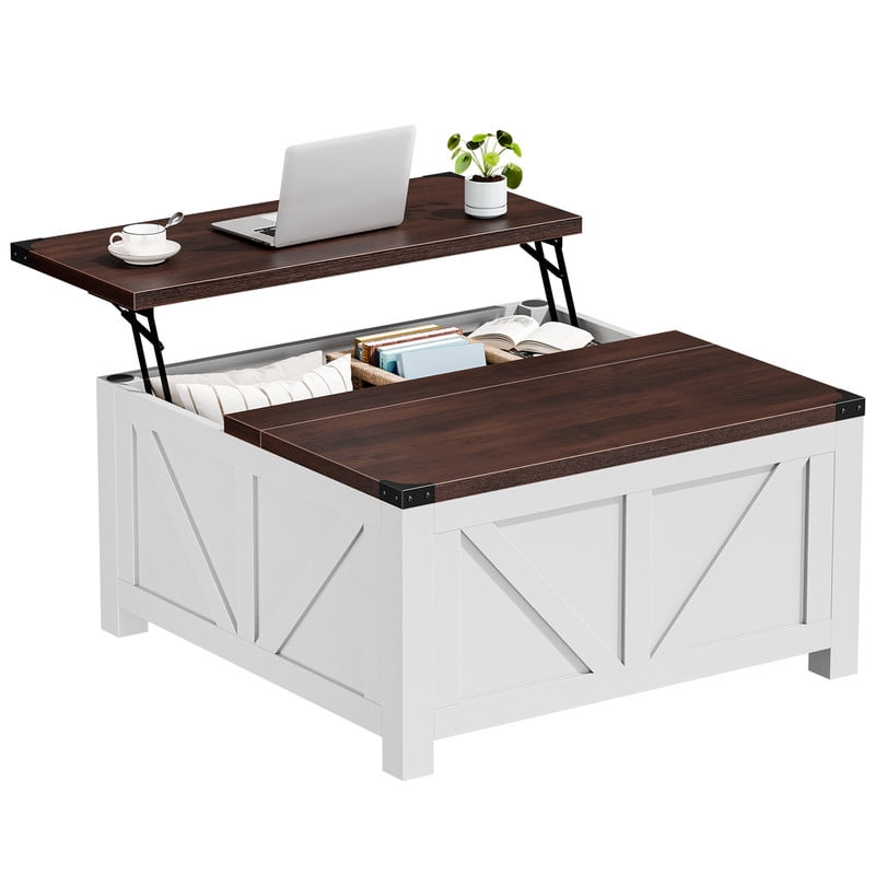 Gianna Mesa de Centro Elevable con Almacenamiento y Estación de Carga, Mesa Central Cuadrada con Puertos USB y Espacio Oculto para Sala de Estar, Blanca