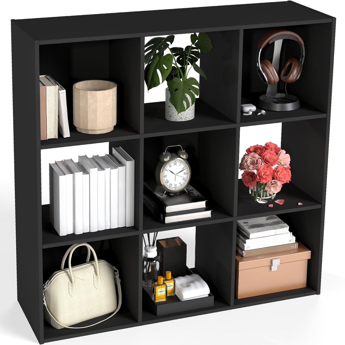 Gianna Modern 9-Cube Storage Organizer with 11-Inch Open Shelves, Bookshelf and Display Shelf, Customizable, Black
