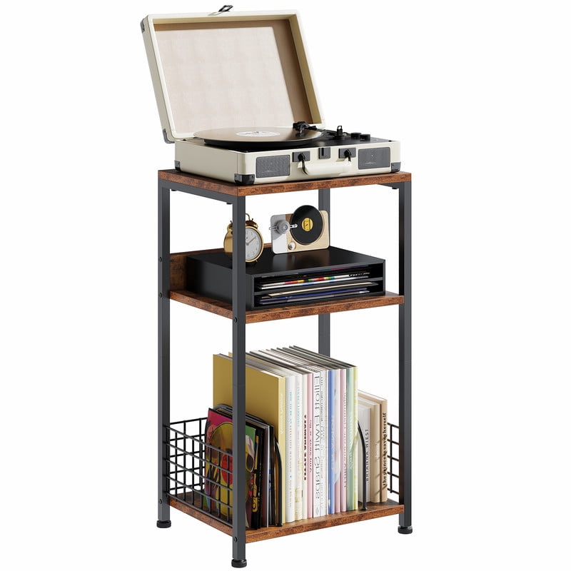 Gianna Record Player Stand, 3 Tier Turntable Table with Vinyl Storage for up to 100 Albums, End Side Table for Living Room,Brown