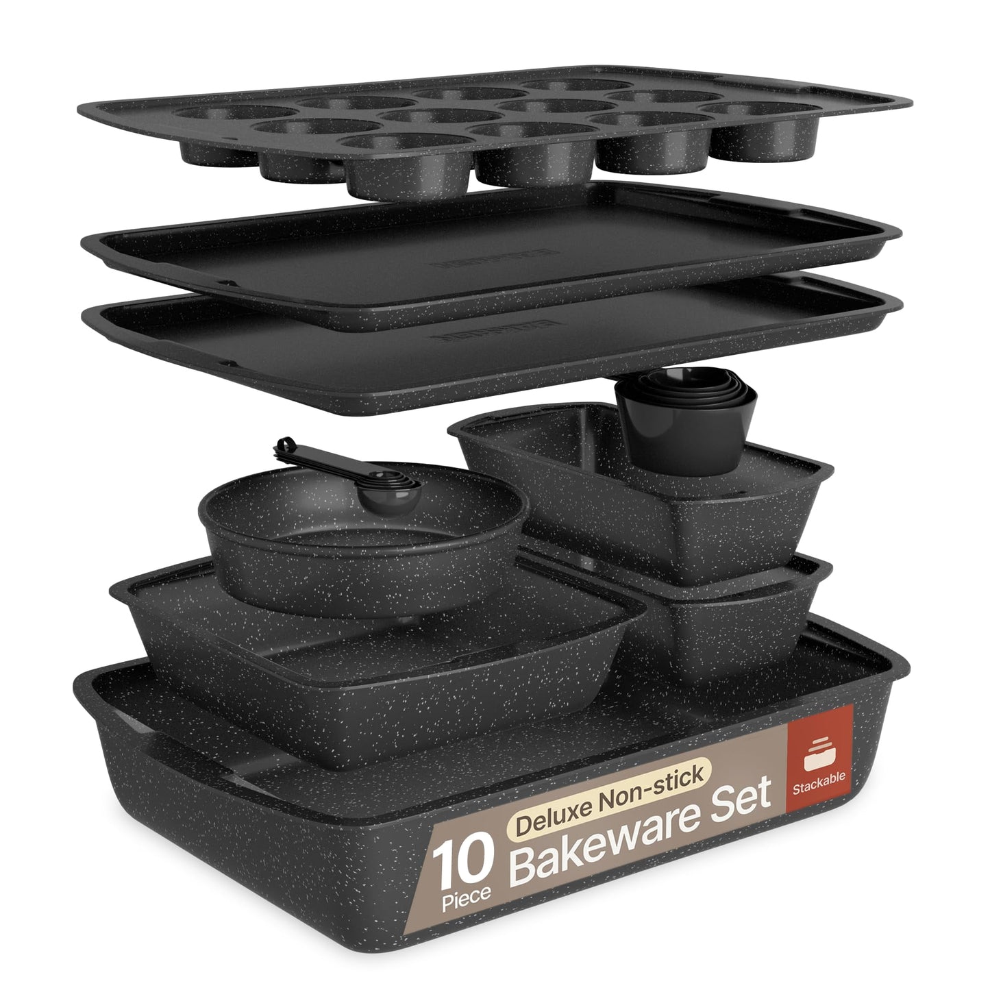 Bakken- Swiss 10-Piece Bakeware Sets, Nonstick Carbon Steel Baking Sheet & Pans, Stackable Space-Saving Bakeware, Stain-resistant, Oven Safe (up to 450°F), Gray Marble