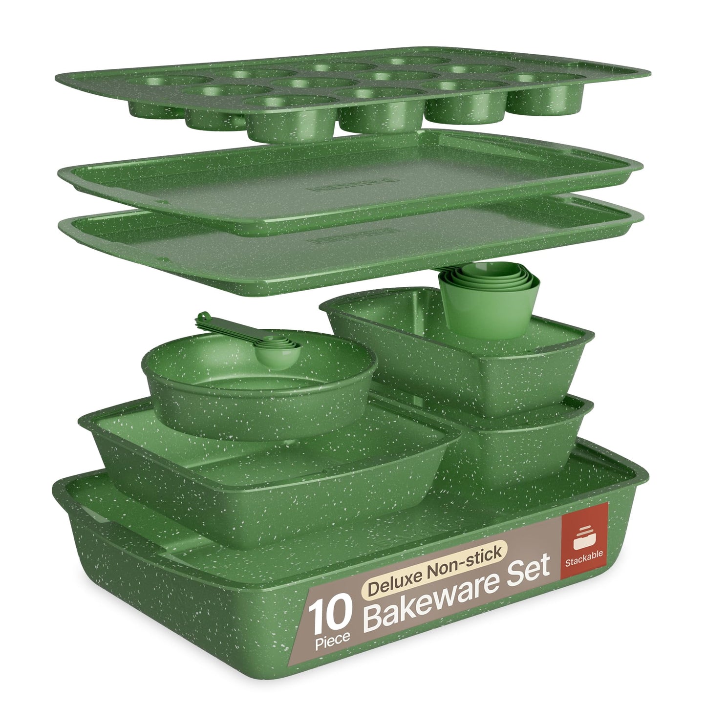 Bakken- Swiss 10-Piece Bakeware Sets, Nonstick Carbon Steel Baking Sheet & Pans, Stackable Space-Saving Bakeware, Stain-resistant, Oven Safe (up to 450°F), Green