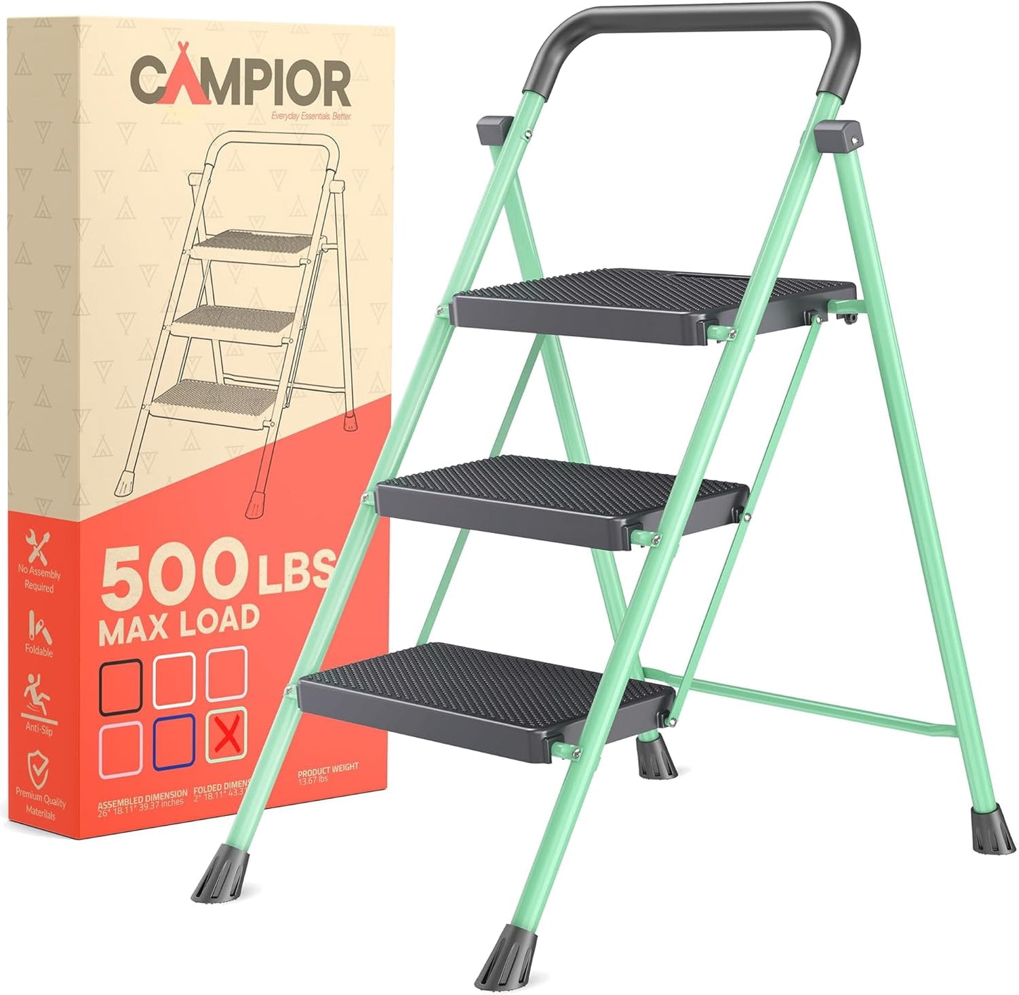 Green 3 Step Stool Foldable – Heavy-Duty Foldable Step Stool, 500 lbs Capacity, Anti-Slip Feet & Wide Steps, Sturdy Steel Frame, Lightweight & Space-Saving Design for Home, Kitchen & Garage
